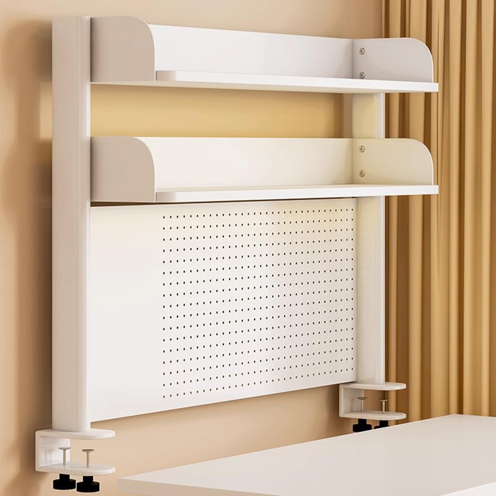Klemmbare Schreibtisch Regal with Pegboard, Weiß 2-Ebenen Büro-Computertisch Zubehör Organizer Desk Shelf Aufbewahrungsregal, für Büro, Gaming, Zuhause(60cm)