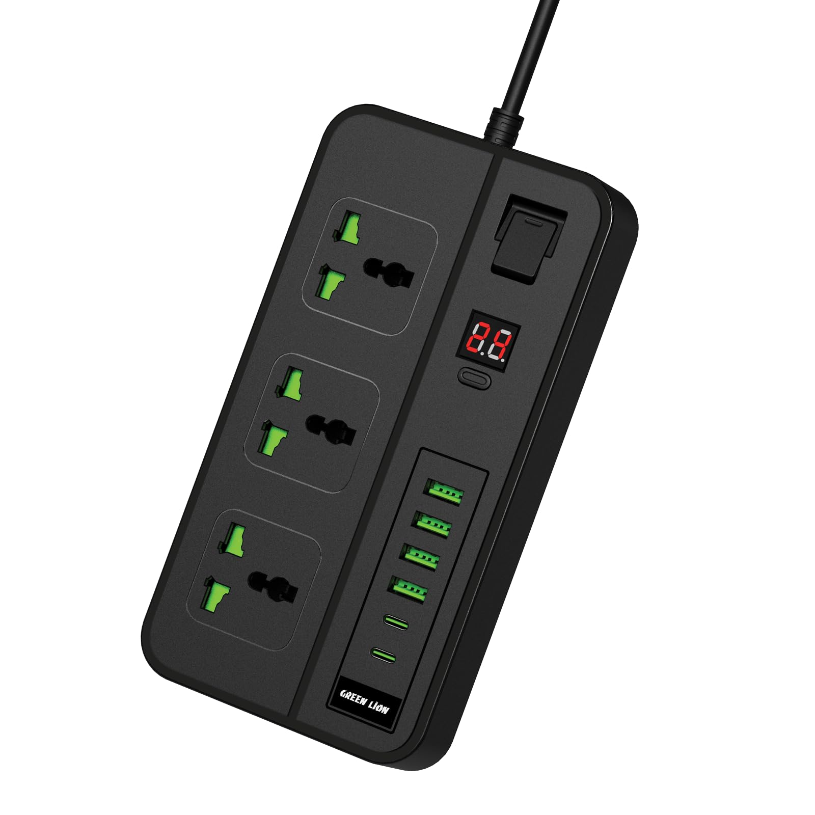 Green Lion GS-150 Power Socket 3000W Power, USB-A + USB-C (Output 5V 3.4A), 24 Hours Timed Switch, Child Safety Door, Over-Voltage Protection, LED Display - Black 3 Sockets, 4 USB-A, 2 USB-C Black
