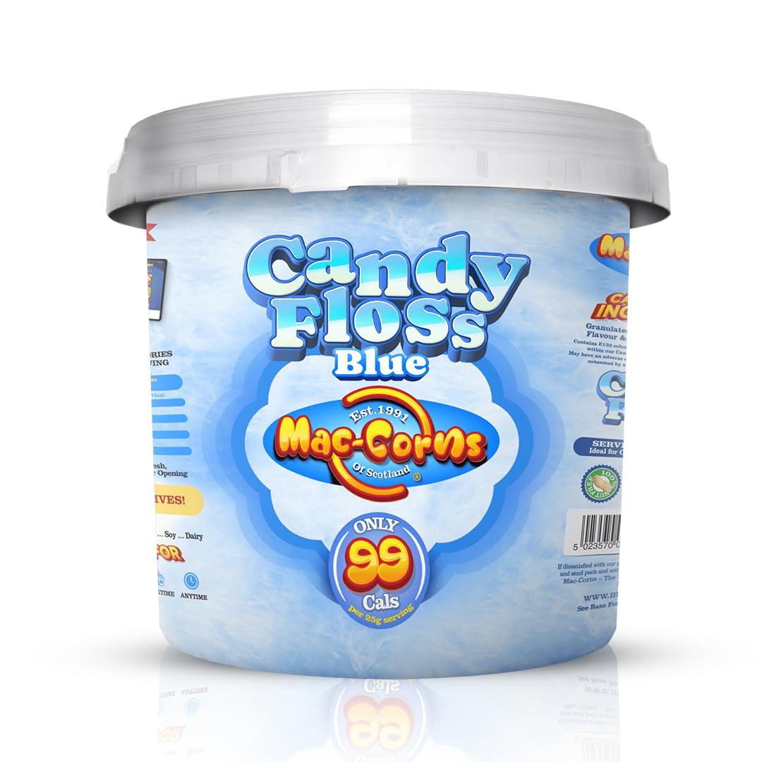 MacCorns - Blue Cotton Candy Floss - 10ltr Resealable Mega Bucket - Traditional Spun Candy Floss, Ideal for Cocktails, Desserts Garnish and Parties