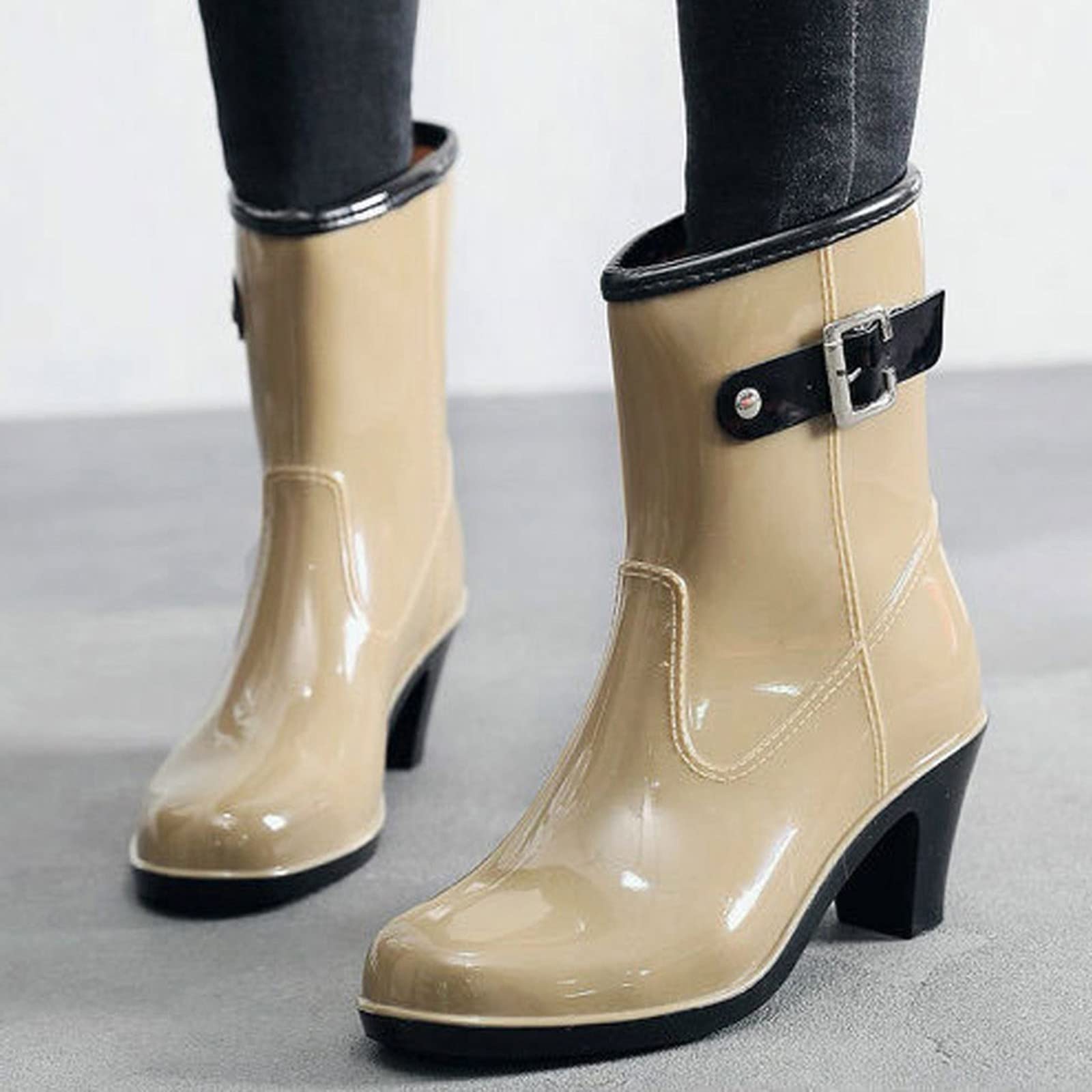 Botas de goma para mujer con tacón, botas de lluvia, botines de goma, impermeables, botines de tobillo, botas de goma, botas cortas, zapatos de lluvia, antideslizantes, para jardín, exteriores, botas