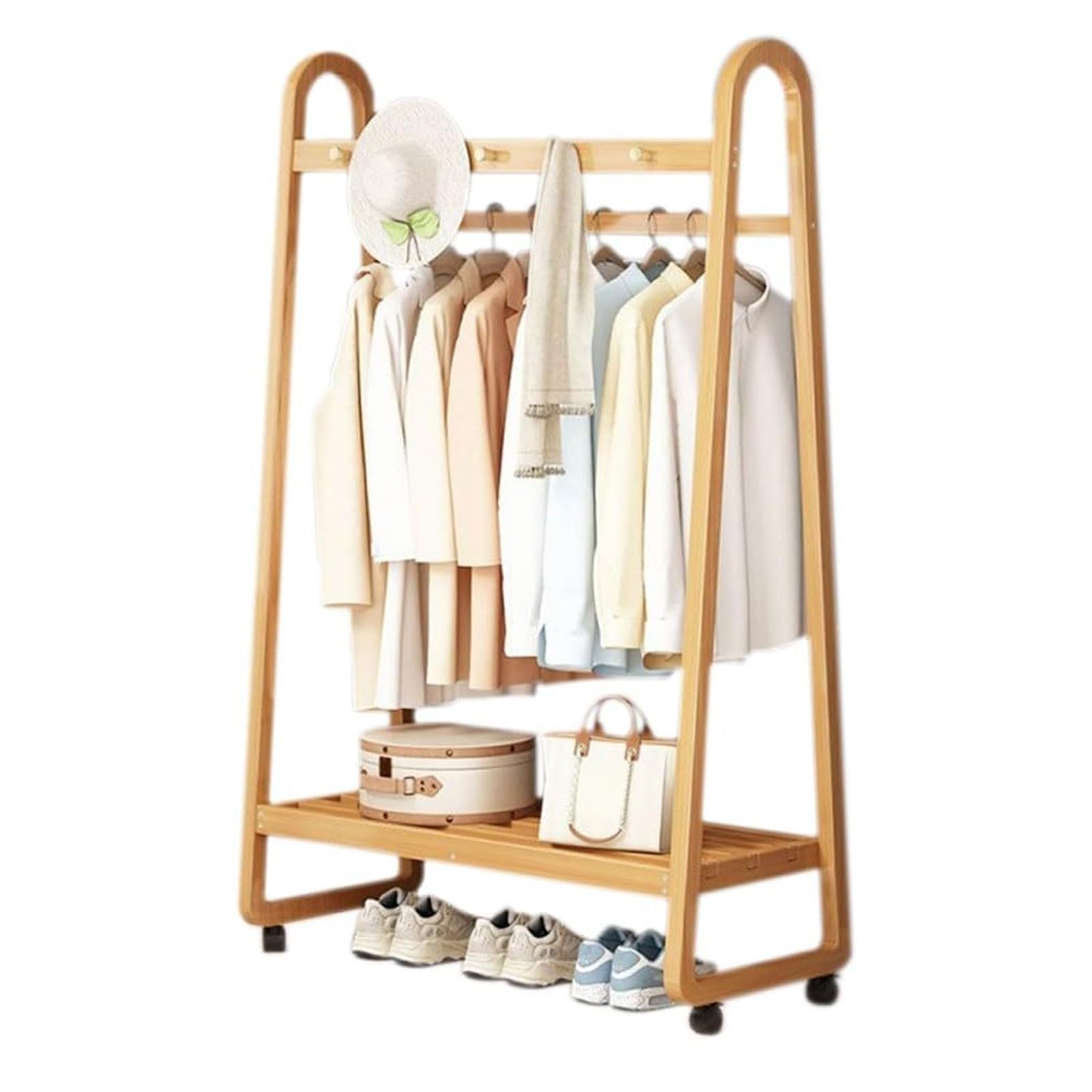 MYUYEE Mobile Bamboo Coat Rack On Wheels, Multifunctional Garment Rack With 3-5 Hooks And Shoe Shelf, For Bedroom Living Room, Walnut, 100Cm(Wood-100Cm)