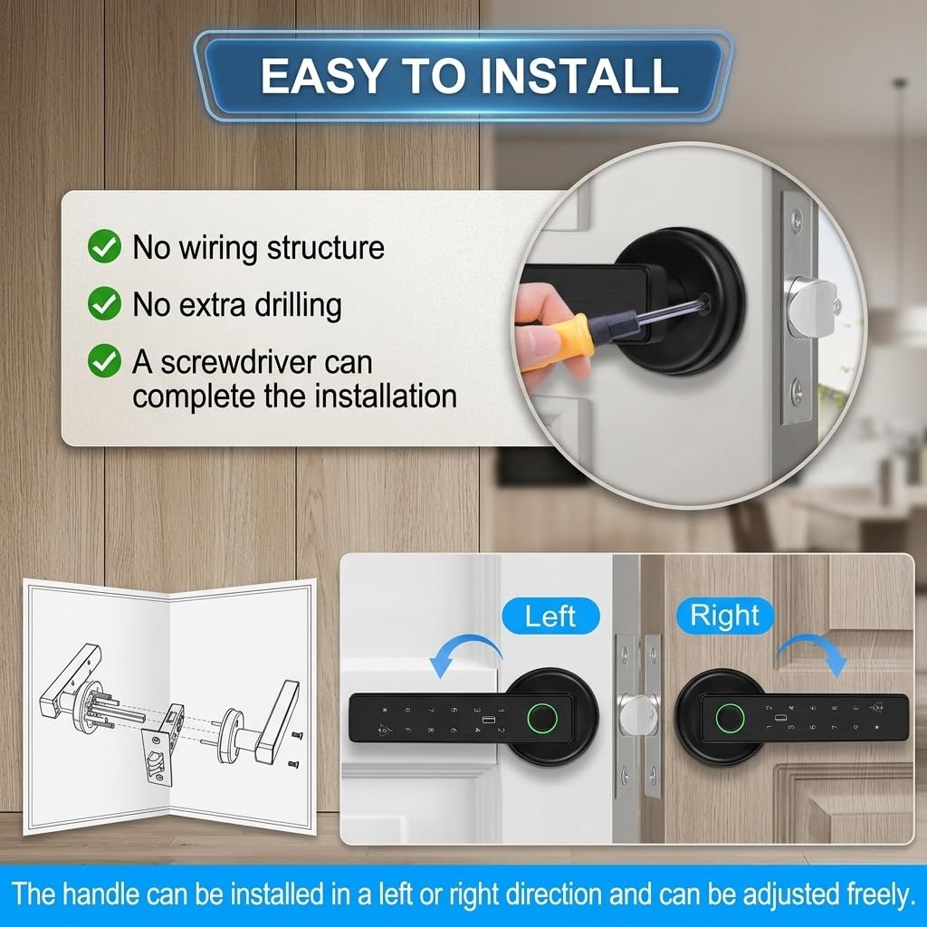 Serrure intelligente à empreintes digitales, 5 modes d'accès : empreinte digitale, code PIN, carte IC, clé mécanique et pilotage par application. Convient aux appartements et bureaux.