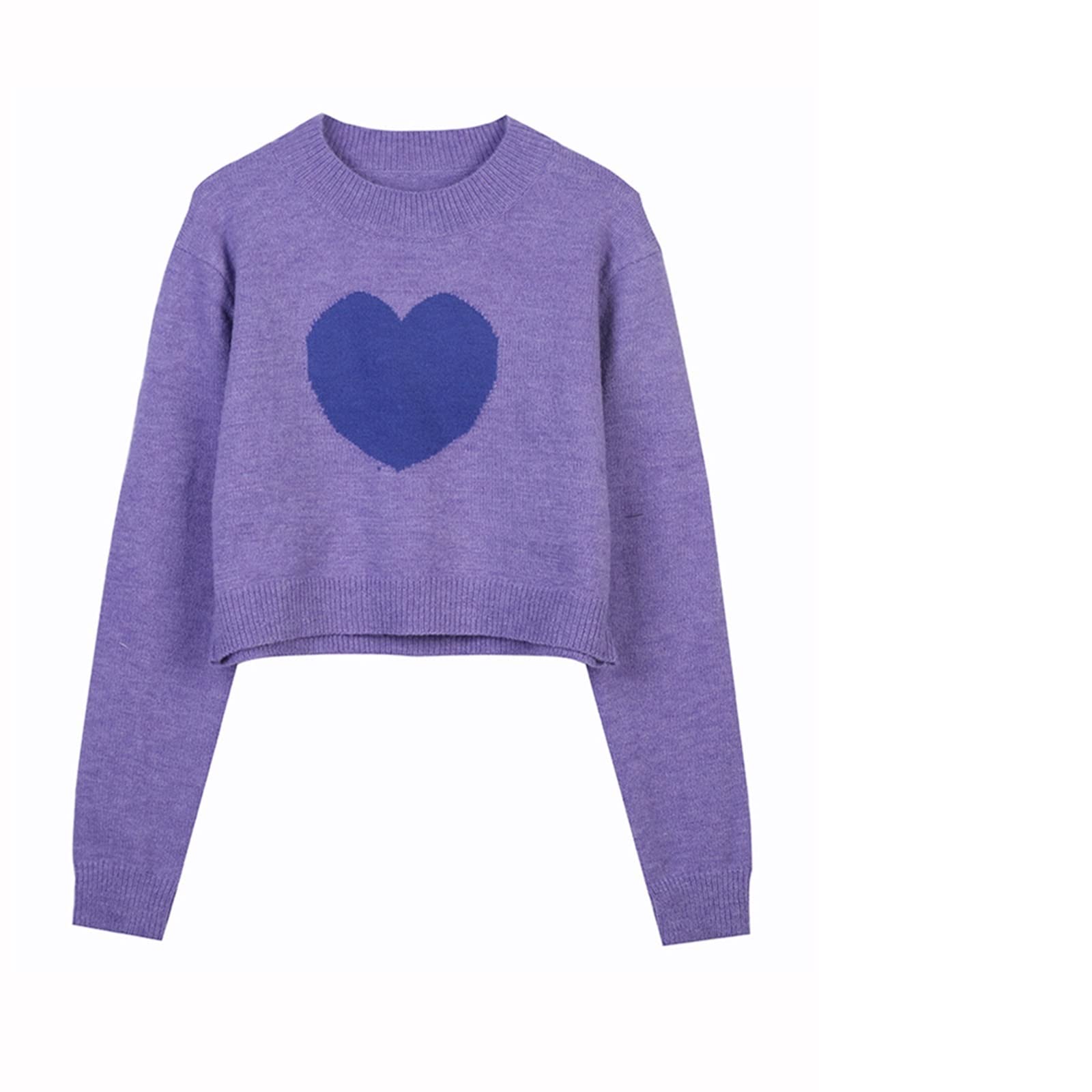 YEPREMYEPREM Women's Clothing, Candy Sweater Purple Knitted Crop Top Heart Patchwork Loose Short Pullover (Size : M)