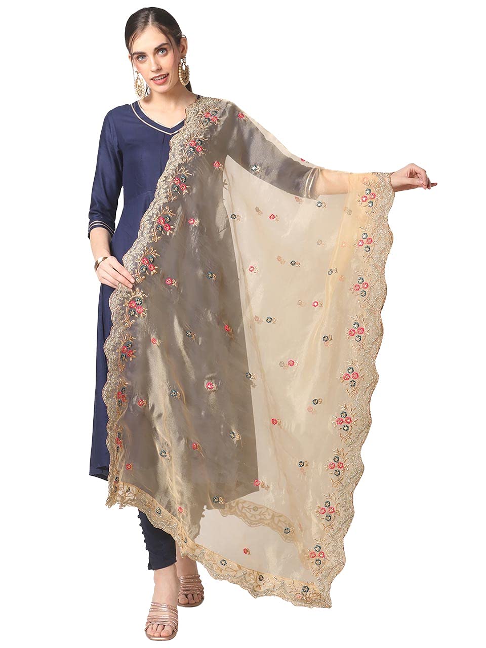 DUPATTA BAZAARWomen's Gold Embroidered Gla s s Ti s sue Dupatta With Cutwork Free