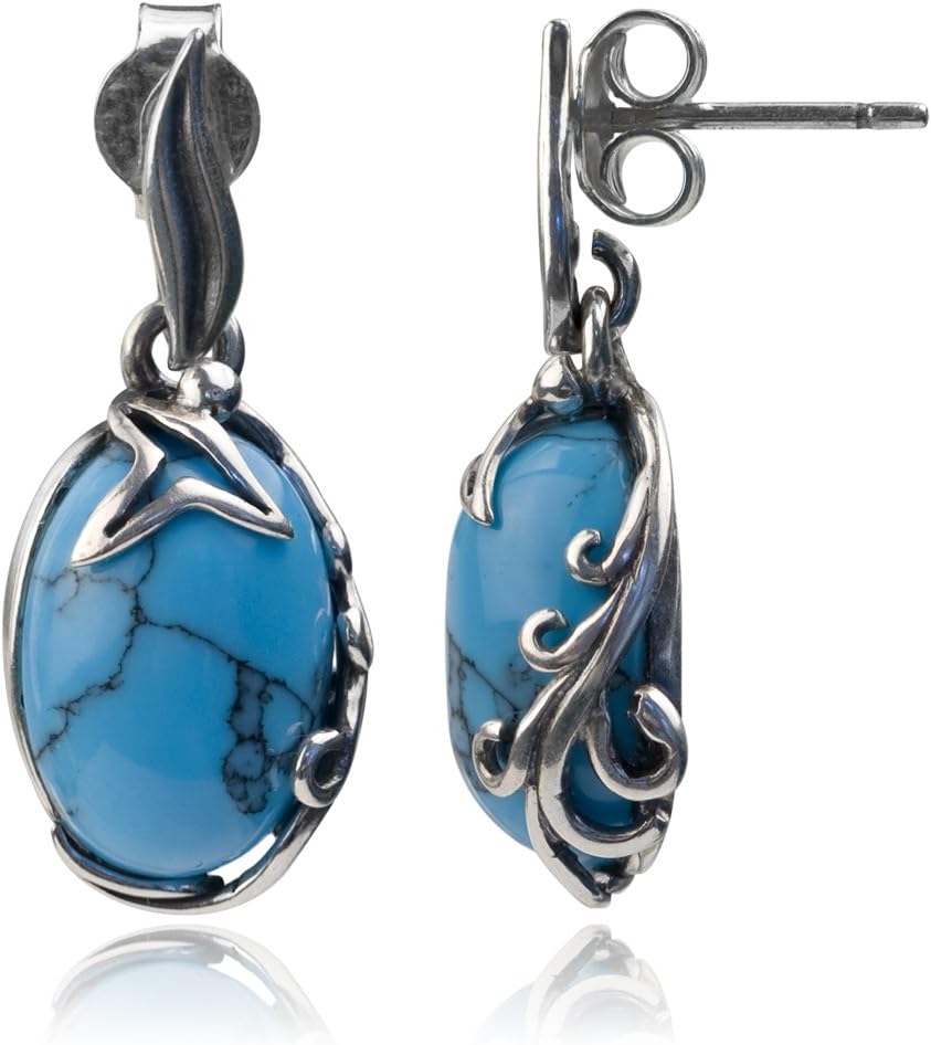 Sterling Silver Turquoise Oval Dangle Earrings - Image 2
