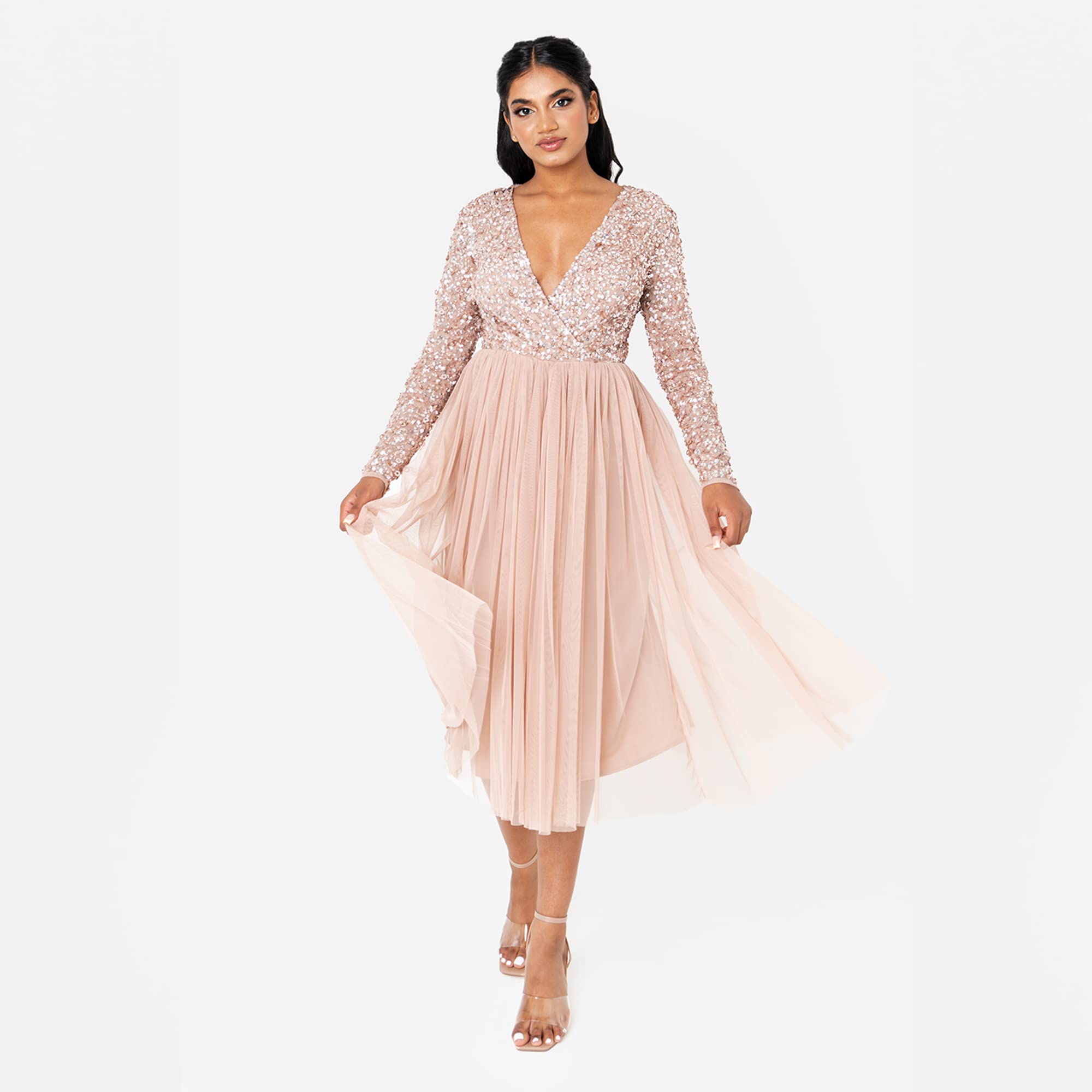 Maya Deluxe Midi Elegant Hochzeit Ärmel Tiefer V Ausschnitt Pailletten Cocktailkleid Abschlussball Brautjungfernkleid