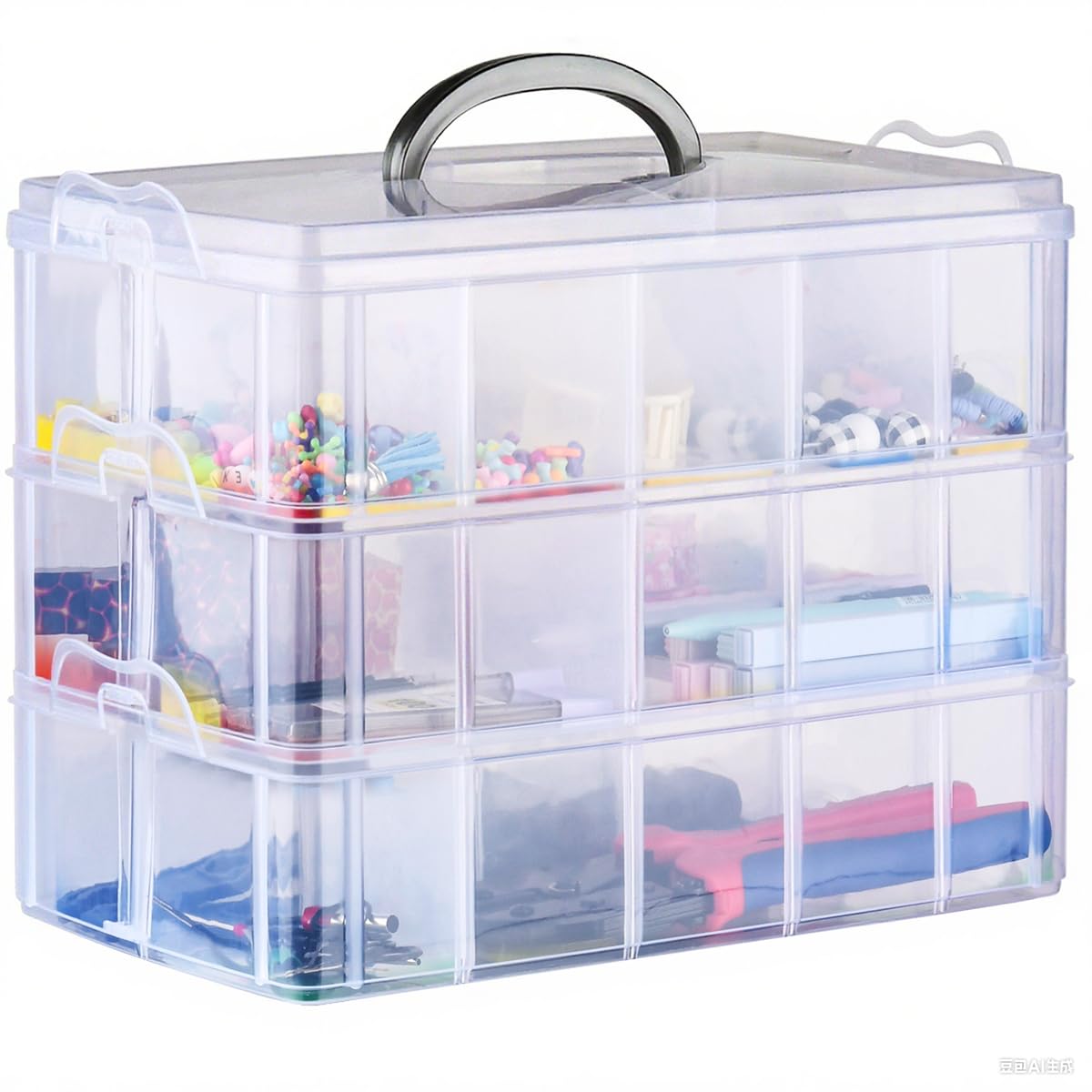 TMBMLPP Craft Storage Box with Compartments, 3-Tier 30 Sections Plastic Compartment Box with Handle, Stackable Removable Multi Compartment Storage Boxes, for Beads, Jewellery, Small Items - Clear