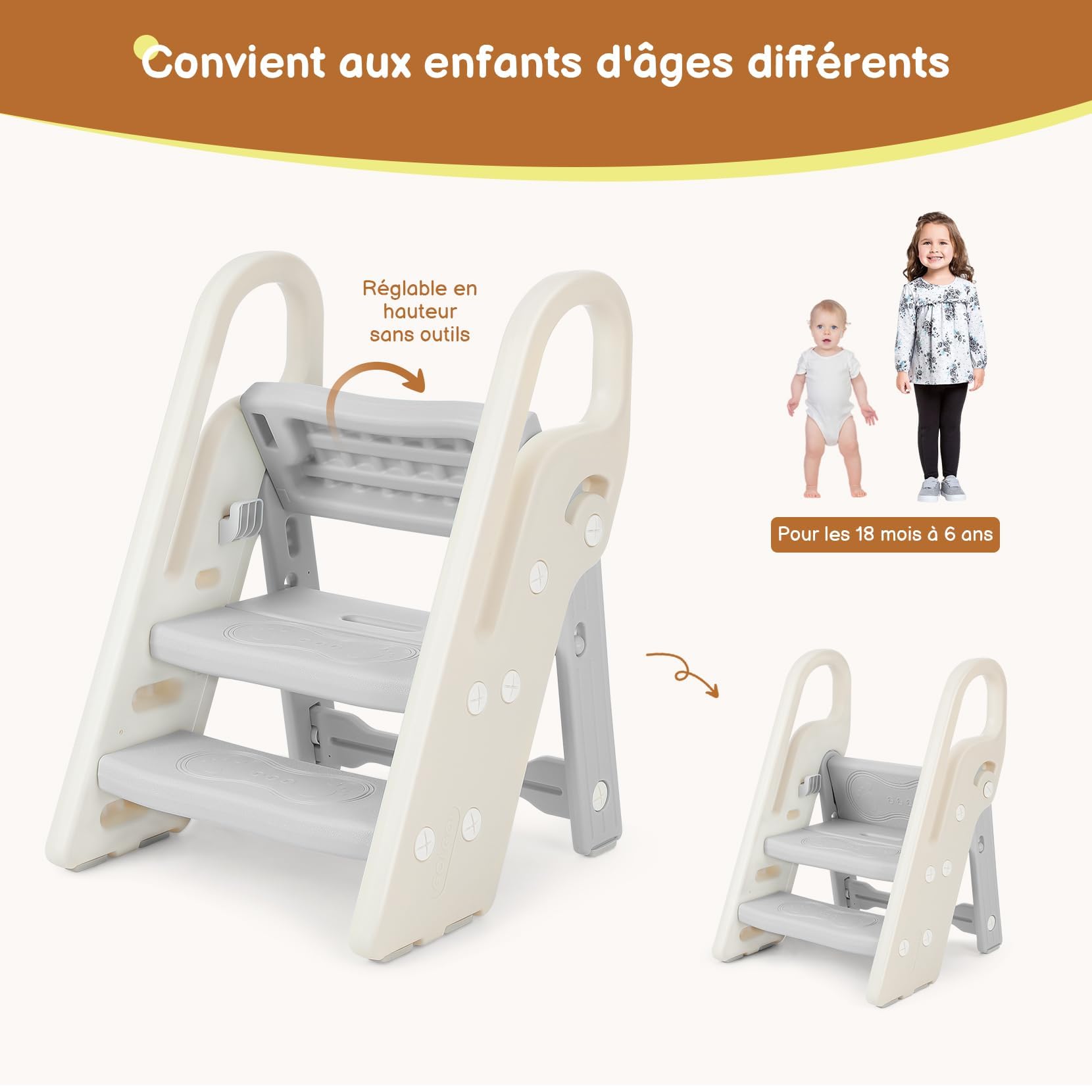 Onasti Marche Pied Pliable Enfant 3 Marches Hauteur réglable Antidérapant Gris