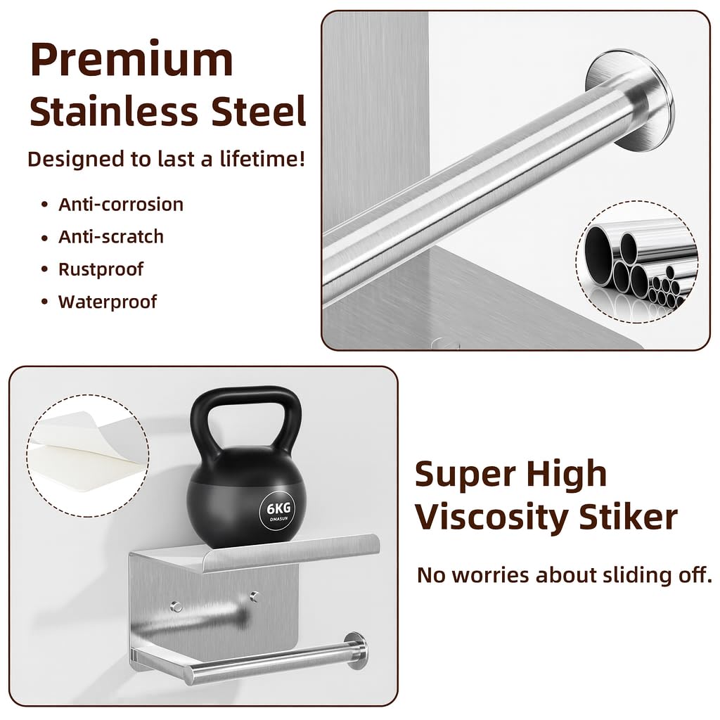 Adhesive Toilet Paper Holder with Shelf, Stainless Steel, Silver — Amazon image 5