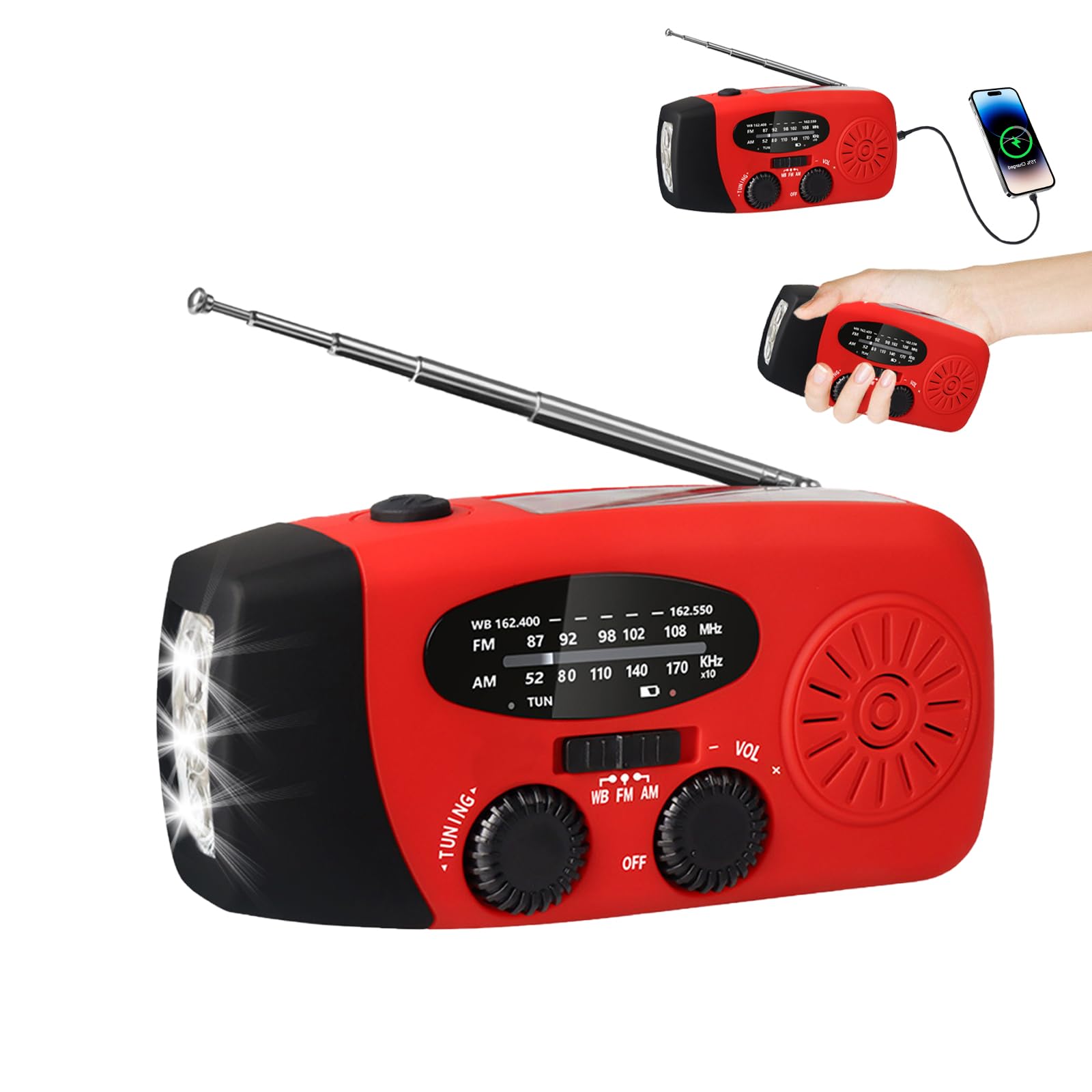 Radio a manovella con solare e torcia LED AM/FM/Meteo ricarica USB portatile rossa