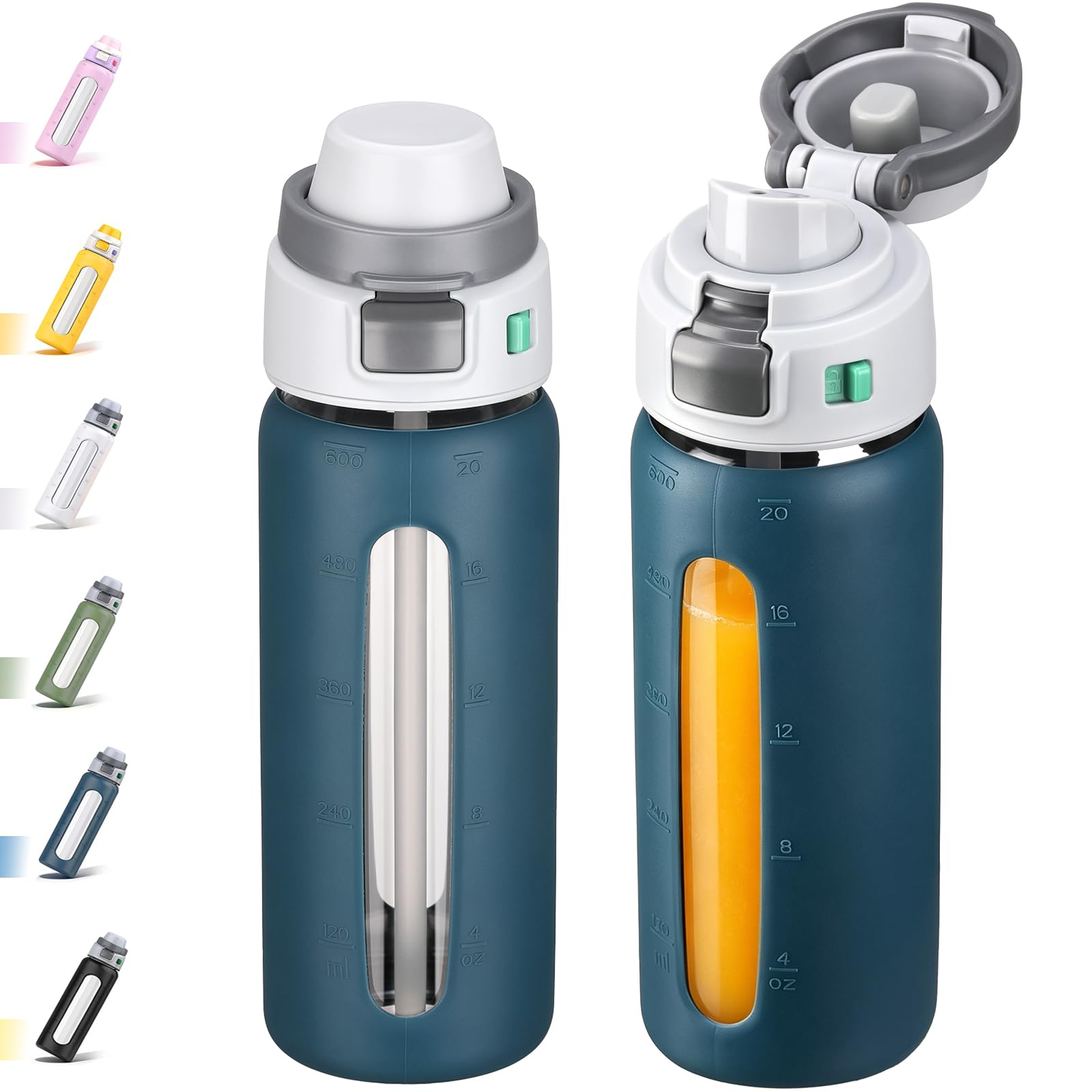 BLUEGO 2-in-1 Borosilikatglas Trinkflasche mit Strohhalm für Sport und Reisen, Trinkflasche 600ml mit Silikonhülle, Auslaufsicher, BPA-frei, Dunkelblau