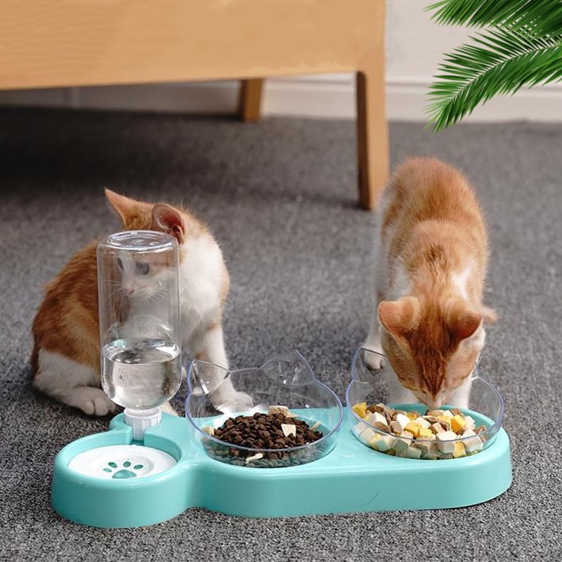 3-in-1 Katzen Futternapf Set, Doppelnapf mit Wasserspender, Futternapf Futterschüssel für Katzen und Kleine Hunde(Grauer Boden, transparente Schale)