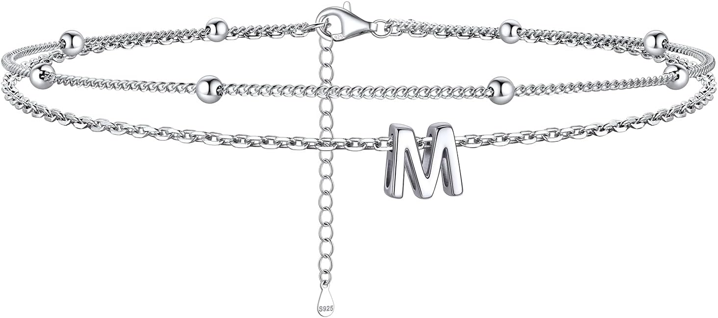 ChicSilver Ankle Bracelets for Women Waterproof, 925 Sterling Silver Initial Anklets for Women, Adjustable Dainty Layered Anklet Beach Jewelry for Women Mom Wife Friend