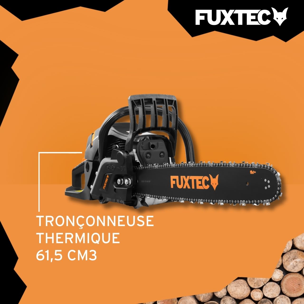 Fuxtec tronçonneuse thermique 50 cm FX-KS262 Black Edition essence 61,5cm3 2 temps 2,8kW Longueur De Coupe 45cm, Guide Chaine 20 pouces Étui de transport Tronc, Menuiserie
