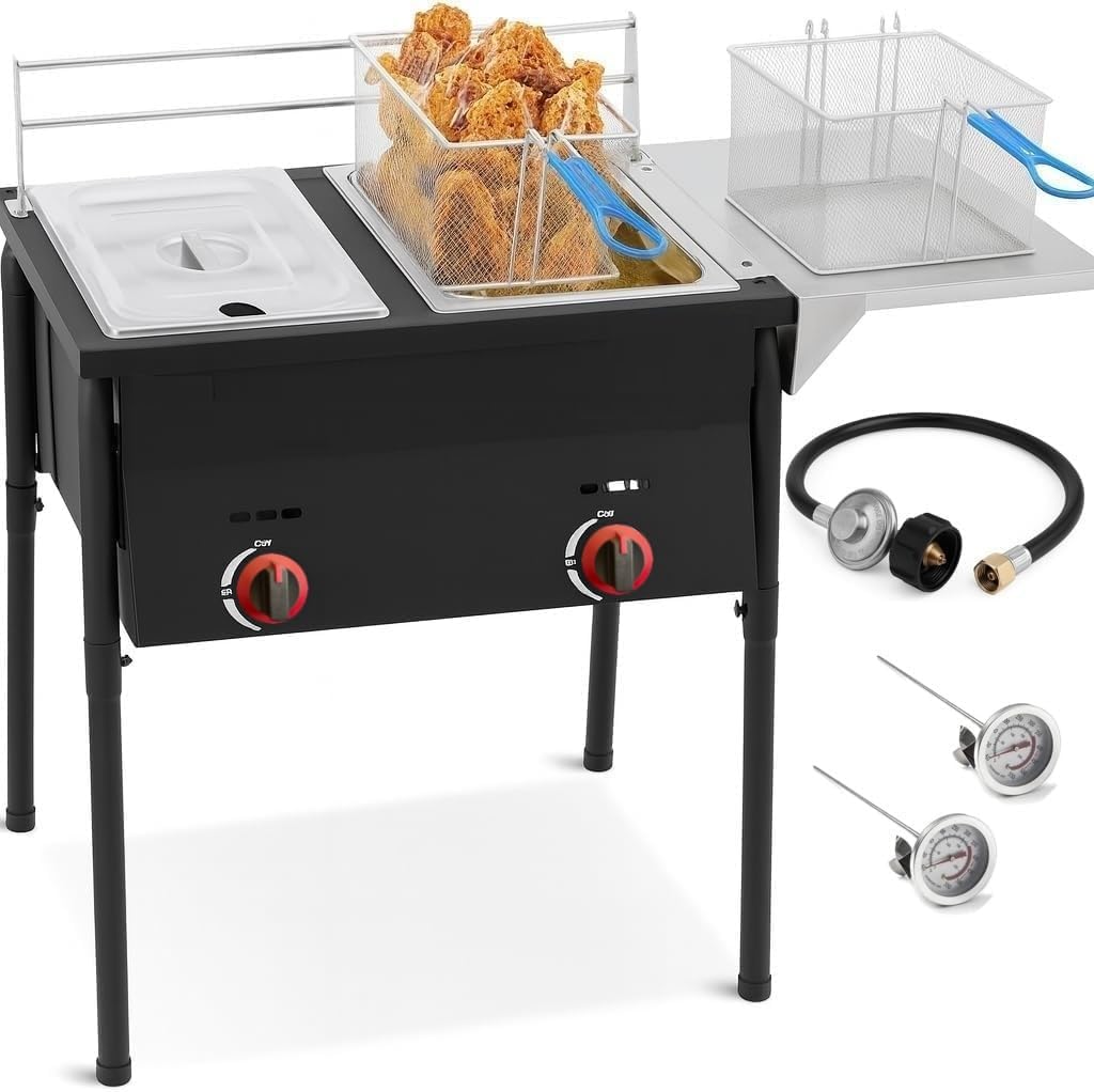 Two Tank Propane Deep Fryer-2 Basket Stainless Steel Cooker-Fry Fish/Chicken-Outdoor Fryer Cart-4 Gal. Oil Capacity-16 QT-with 2 Thermometers and Regulator product image