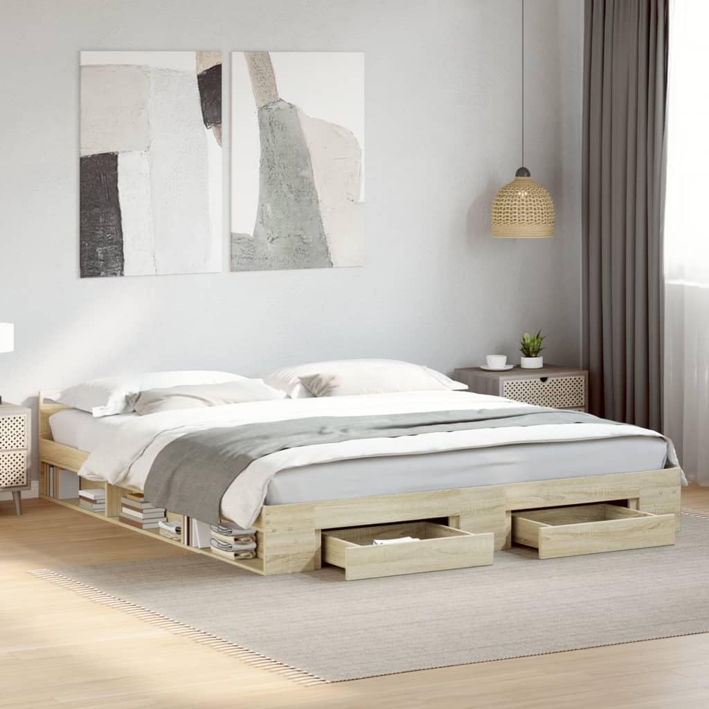 Bett 180x200 mit Schubladen und lattenrost Holzbett mit Stauraum Bettgestell mit Kopfteil Doppelbettgestell Jugendbett-Sonoma Eiche-180 x 200 cm