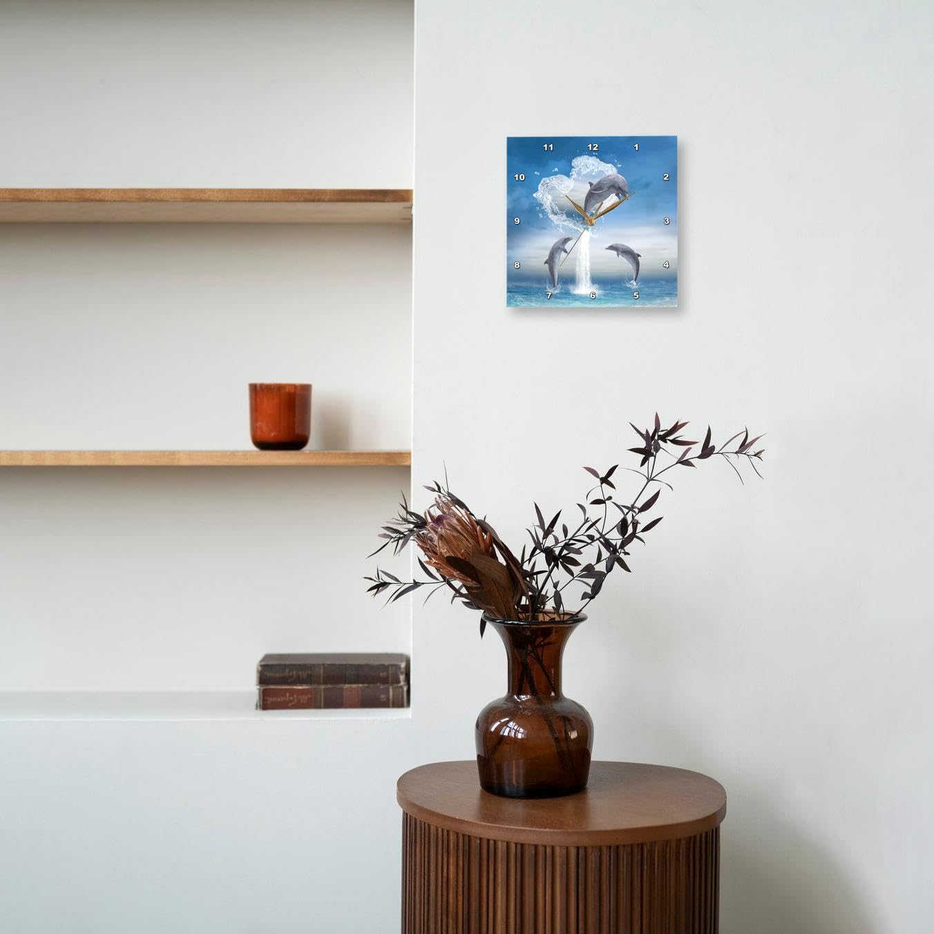 3dRose Wall Clock Silent - 10 inch - A Dolphin Jumps Out of a Water Heart into The Ocean - Simone Gatterwe Designs Sea Life
