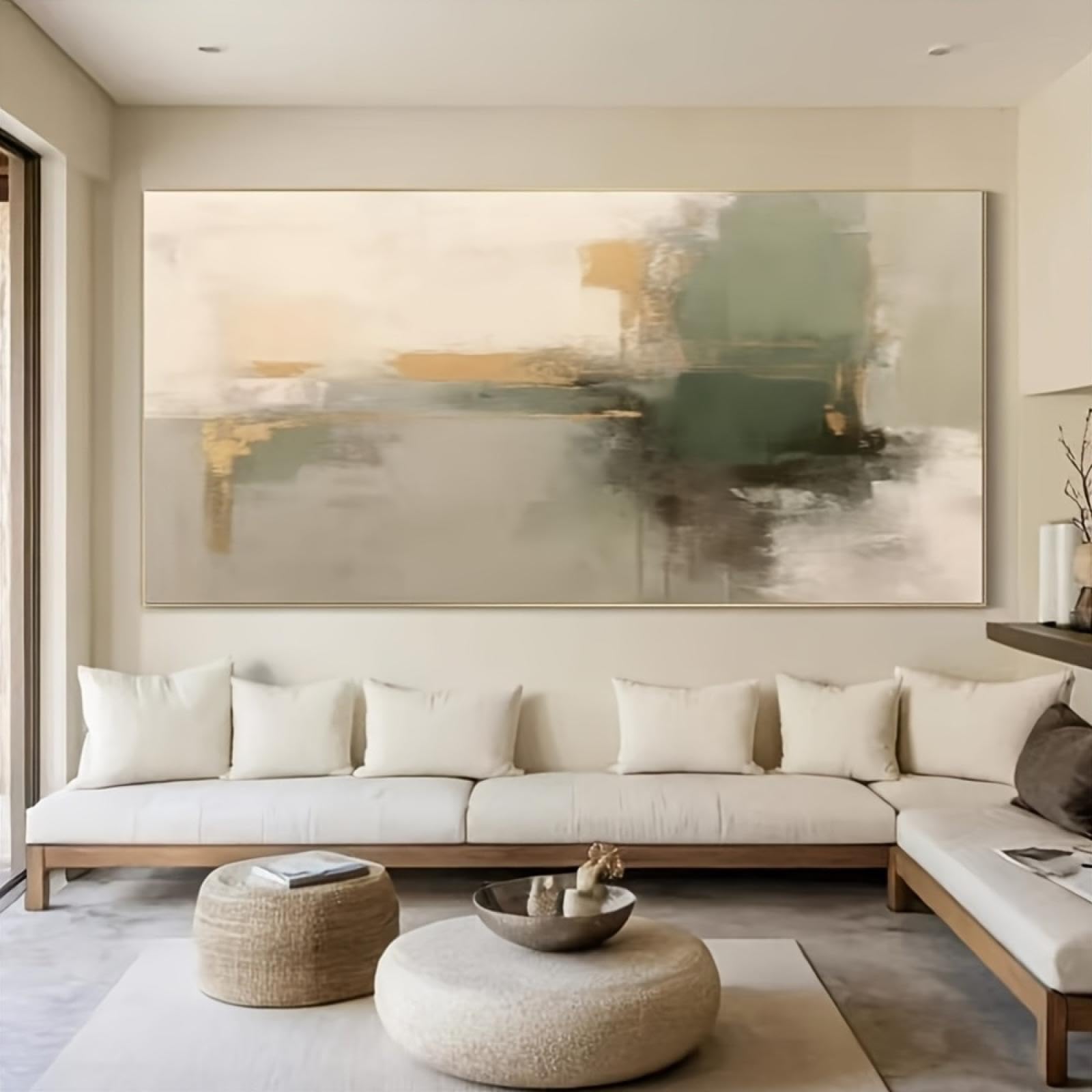 DFZEWKI Großer abstrakter Ölgemäldedruck auf Leinwand, modernes grün-goldenes Beige, Wandkunst, Leinwandbild, Kunstwerk für Wohnzimmer, 70 x 140 cm, rahmenlos