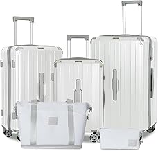 Romswi Suitcase Set with TSA Lock Cup Holder, Hardside Spinner Suitcase with Duffel Bag, Lightweight Durable PC+ABS White 5 PCS(20/24/28inch)