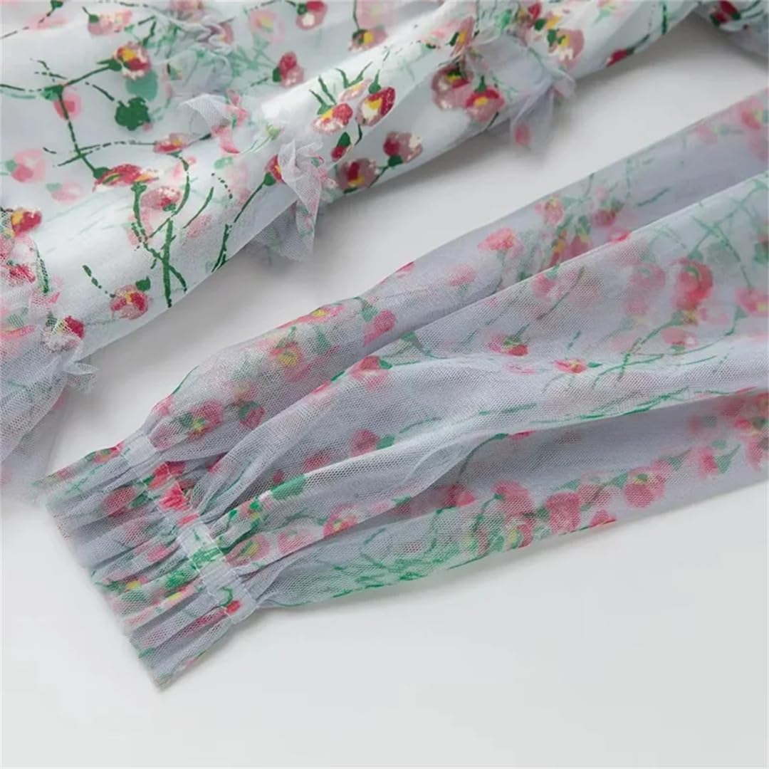 Disimlarl Abito da donna con volant e colletto alla coreana, a maniche lunghe, con fiori in rete, ricamato, abito