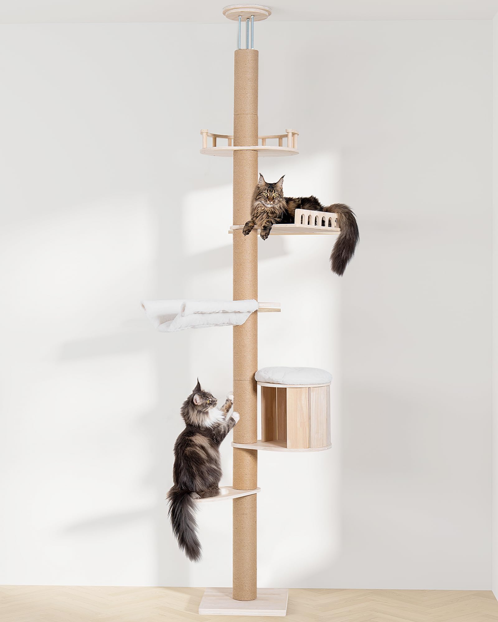 Tall Floor to Ceiling Cat Tree for Large Cats, Cat Tower with Scratching Post, Adjustable Height(82-122 in), Large Condo Cave Bed and Hammock for Indoor Cats, Cat Climbing Pole, Wood - image 2