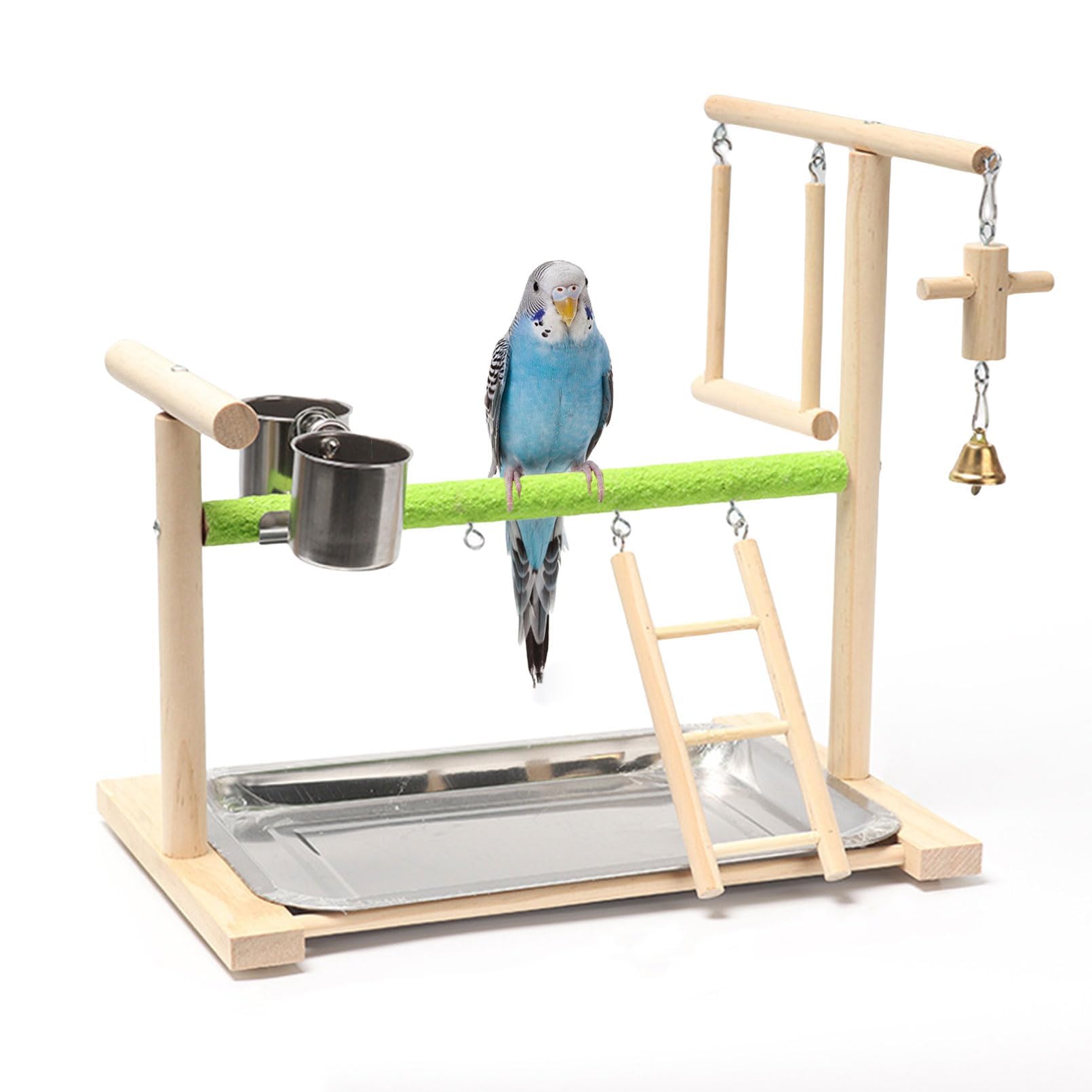 Acsist Birds Playground Parrot Playstand Birds Perch Stand Gym Natural Wood Play Stand with Ladder Swing Feeder Cups for Parakeets Cockatiels Lovebirds Conures Budgies