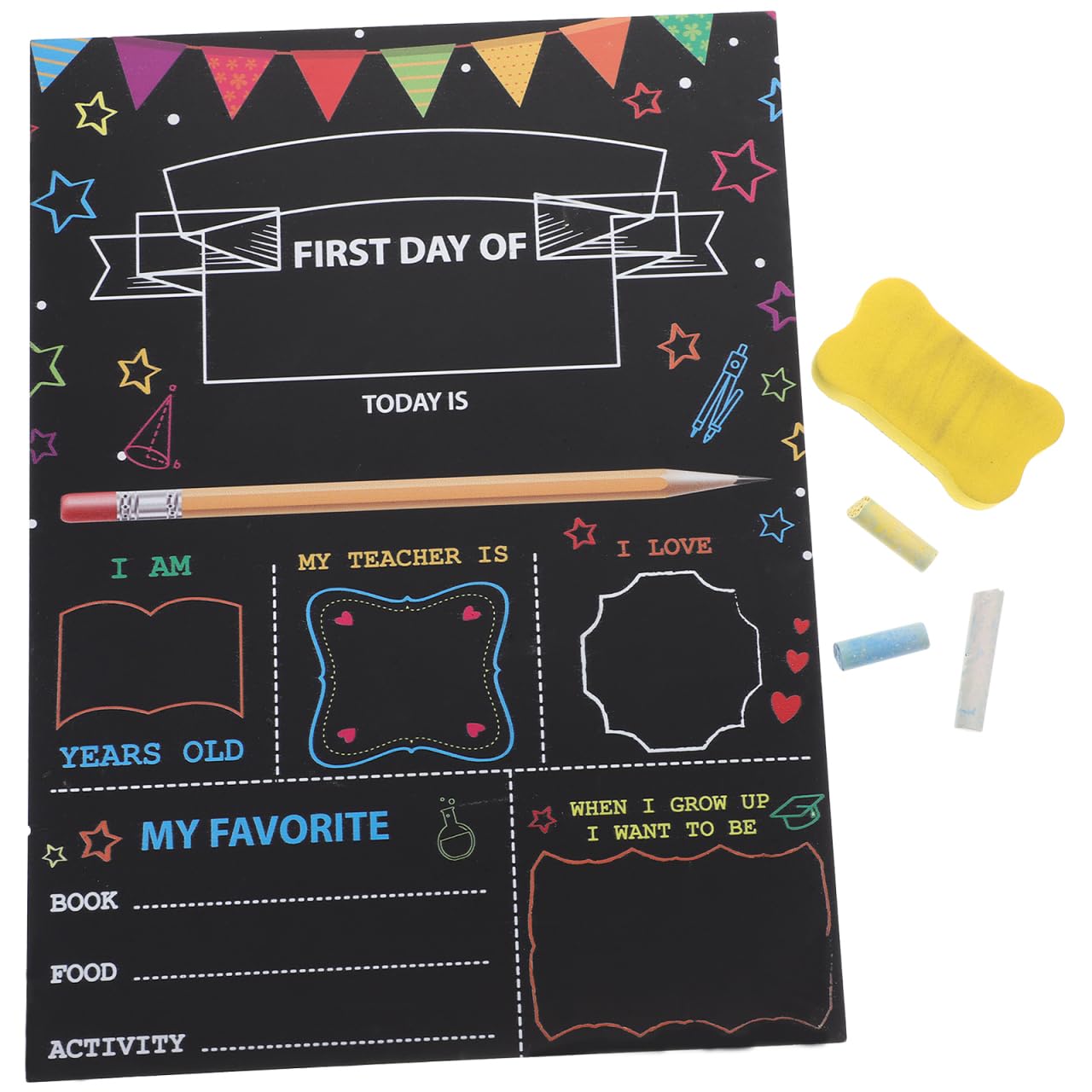 STOBOK First Day of School Board, Double-Sided My First Day Sign, Reusable Back to School Chalkboard Photo Props for Kids Boys Girls