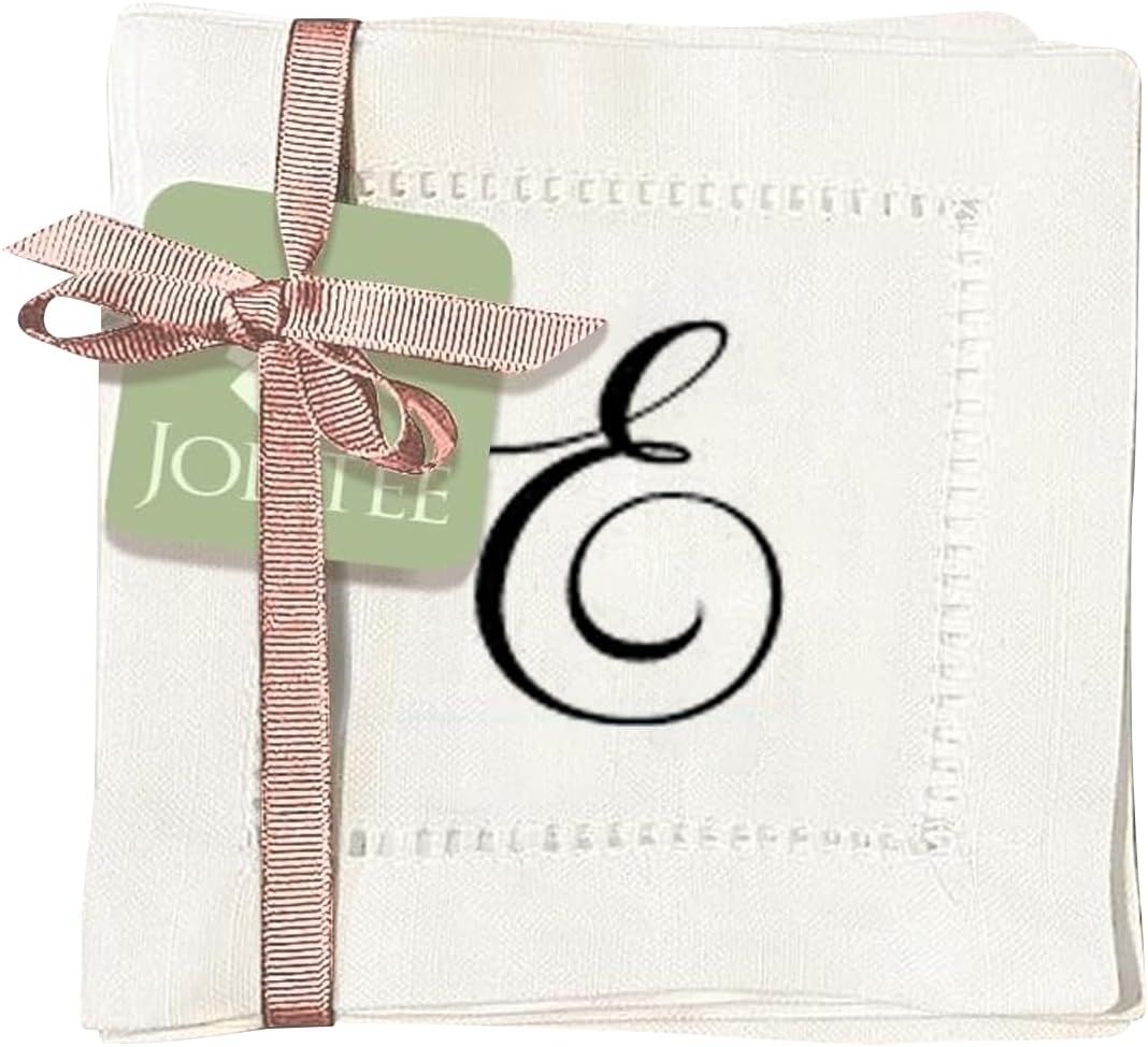 Jolitee Decorative Hemstitch Cocktail Napkins with Printed Initials E – 6"x6" Linen-Like Washable Fabric – Handmade Cloth Napkins for Entertaining, Parties, and Everyday Use