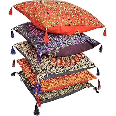 16X16" Peacock Mandala Cushion Cover Bohemian Indian Ethnic Boho Pillow Case for sofa Set Home Decorative Set of Five Piece with Matching Tassel and Matching Zip closure Cover