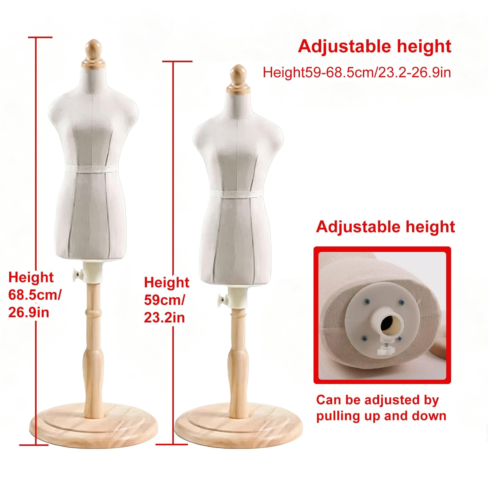 Mini Forma de Maniquí con Base de Madera, Maniqui Costura para Creación | Torso de Maniquí de Lino Alfilerable, Maniquí de Costura Regulable en Altura para Creación, Exposición(Natural,1/2 Size)