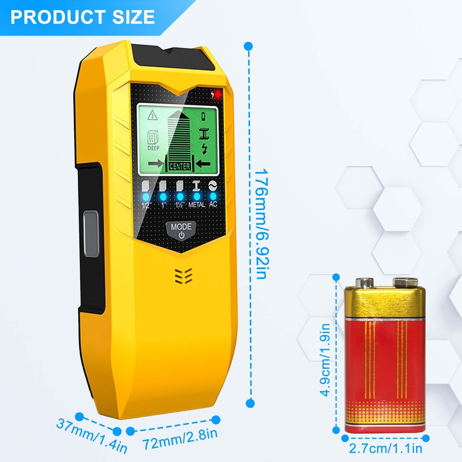 Détecteur de fils 5 en 1 - Scanner mural - Avec écran LCD et alarme sonore - Pour trouver des lignes électriques, des poutres en bois, des tuyaux métalliques, etc. - Jaune