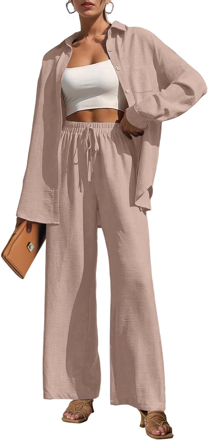 Lepunuo 2 Piece Outfits for Women Casual Lounge Sets Long Sleeve Button Down Shirts and Wide Leg Pants Sets Tracksuit