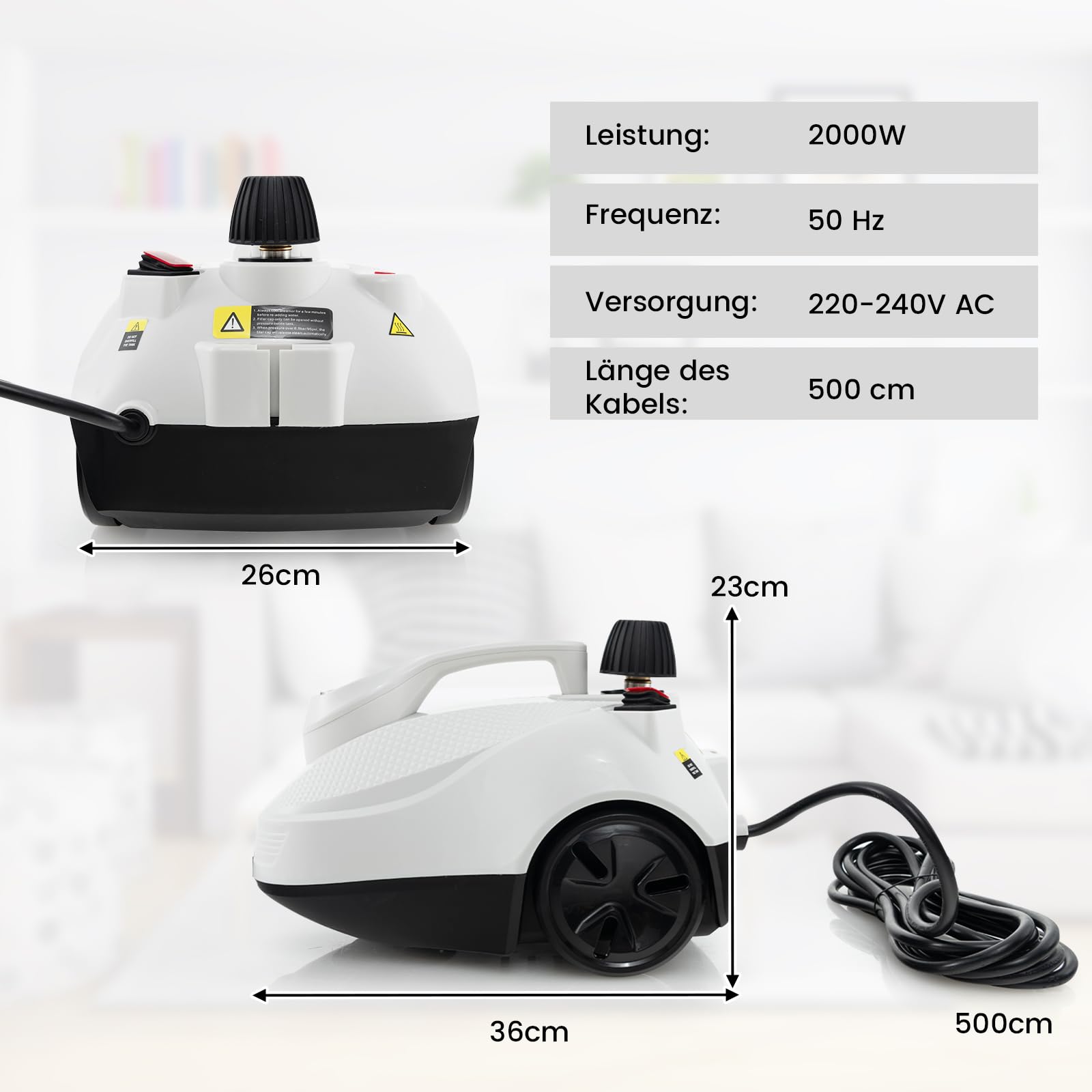 RELAX4LIFE Dampfreiniger 2000W, Dampfdruck: 5 bar, Flächenleistung: 108 m², Tank: 1,8 L, Aufheizzeit: 8 min., mit 22 Zubehörteilen, Dampfsauger für Teppiche, Böden, Fliesen, Fenster, Polster (Weiß)