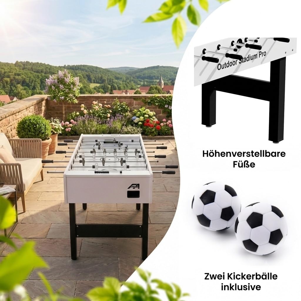Kickertisch Outdoor Stadium Pro, Outdoor Fußballtisch wasserfest in Turniergröße, Outdoor Kicker Profi für draußen und drinnen 138,2 x 72,1 x 88 cm