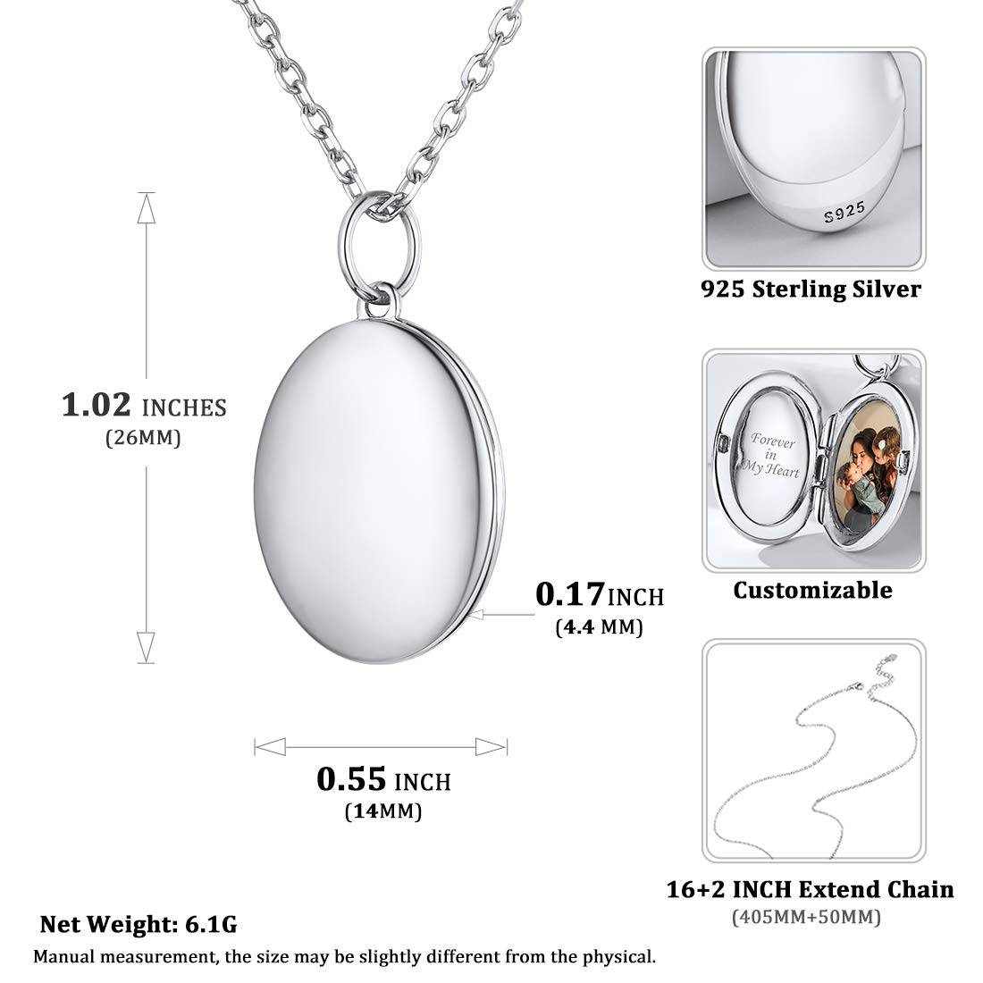 ChicSilver Damen 925 Sterling Silber Halskette Personalisiert Medaillon für Mädchen, Damen Medaillon zum öffnen für Bilder, Frauen Rund/Oval Medaillons für Bild Amulett Schmuck für Freundin Ehefrau