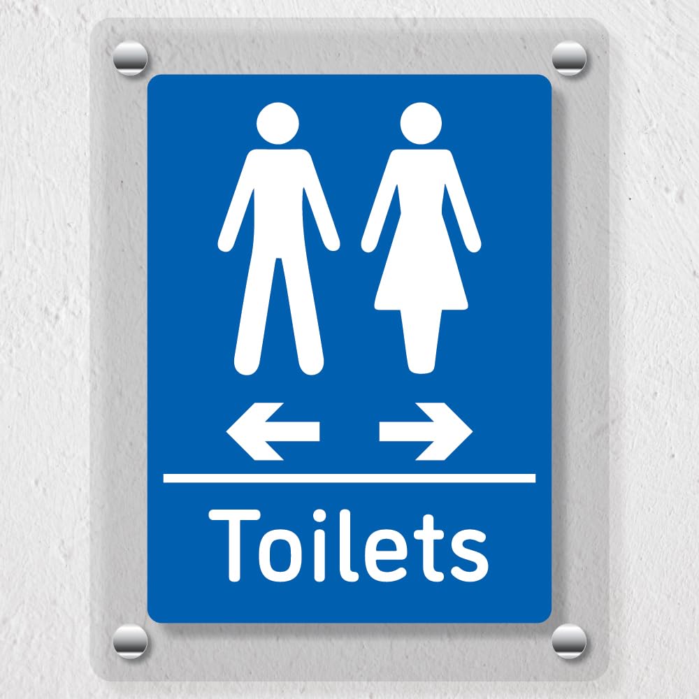 V Safety Toilets Arrows Men Left/Women Right Blue - 150 x 200 mm - Acrylic Perspex Cast Clear Safety Sign