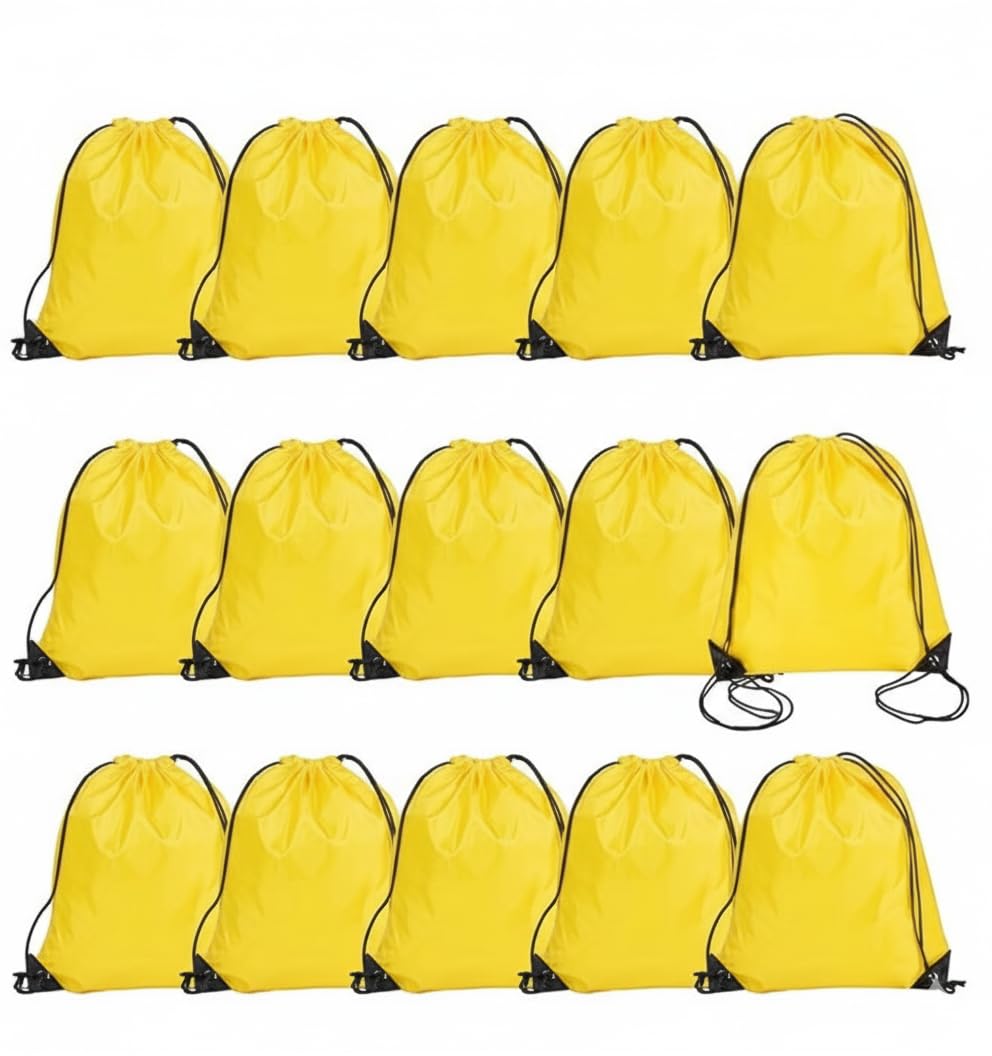 Playcrate 15 Yellow Drawstring Bags Backpack - Party Gift Bags & Sports String Bag for Gym, School, Travel Storage Organization (Yellow)