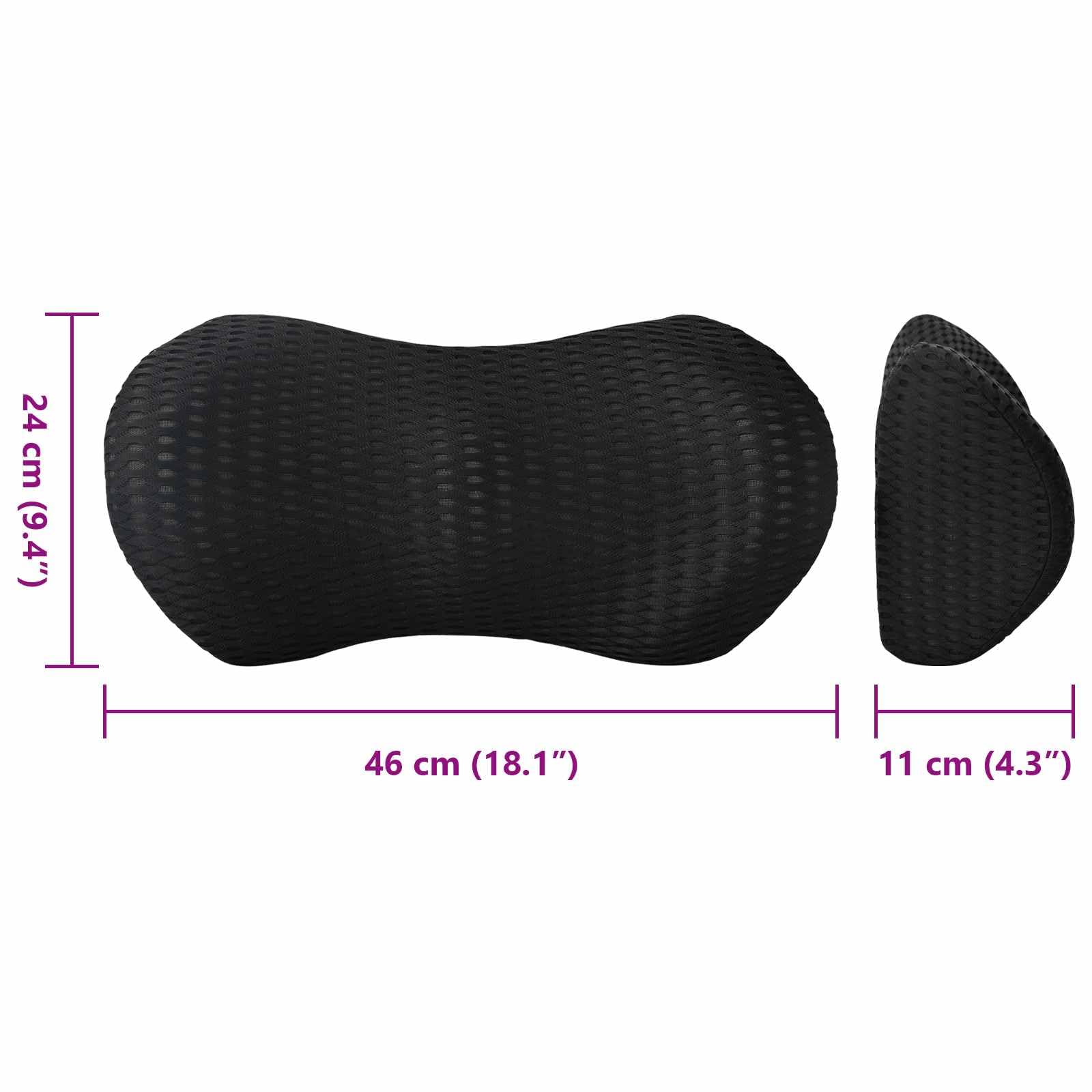 Cojín de respaldo negro de espuma viscoelástica 46 x 24 x 11 cm, acolchado ergonómico con funda de malla transpirable, lavable para dormir de espalda y postura relajada en interiores