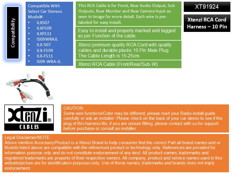 Xtenzi RCA Cord Assembly Harness XT91924 Compatible with Alpine ILXF57 ILXF509 ILXF511 Front/Rear/Sub-W