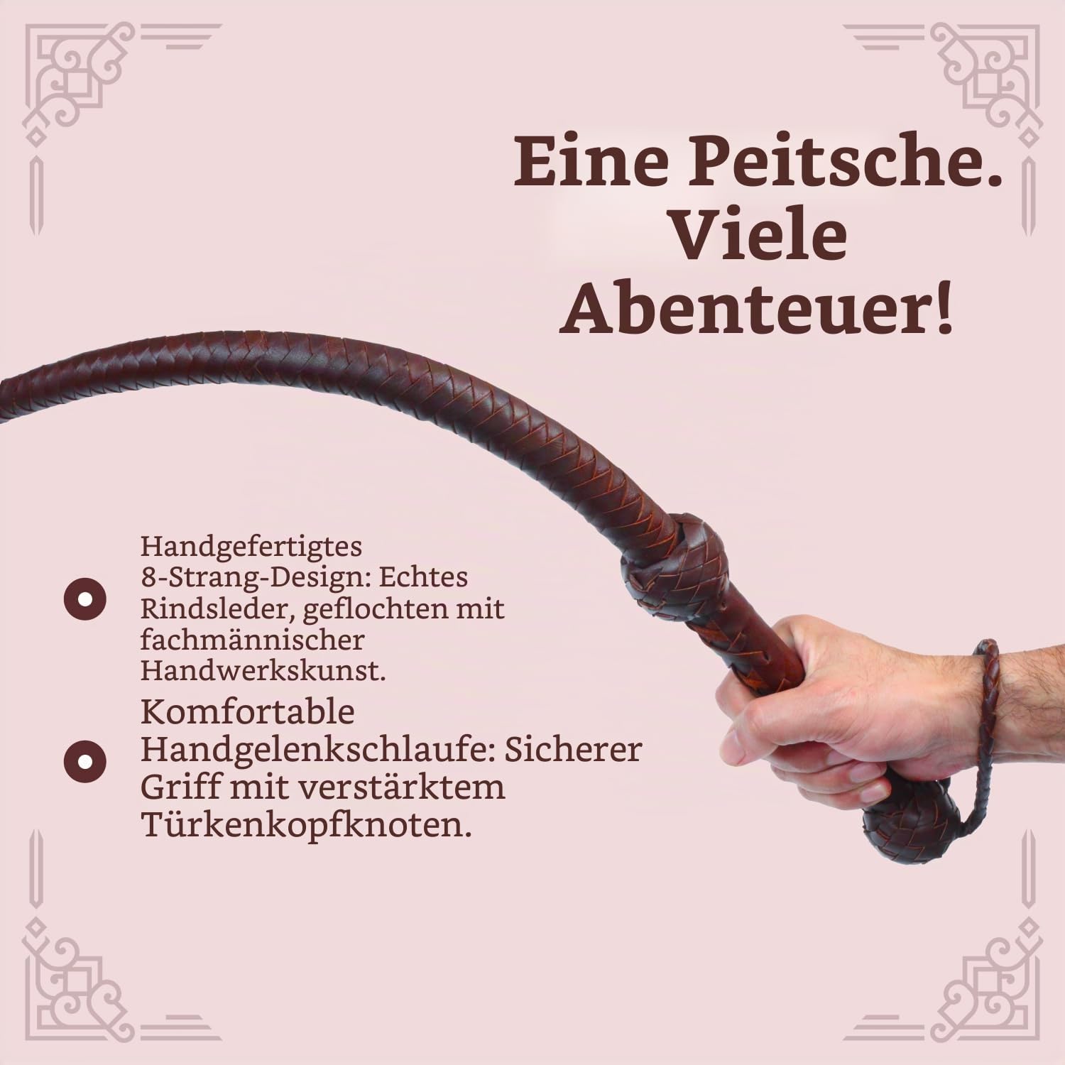 Echte Rindsleder Leder Bullwhip, 08 Fuß lang und 08 Stränge flechten Indiana Jones Stil Bullenpeitsche, Dunkelbraun