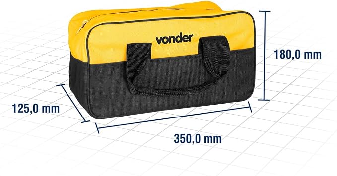 Bolsa de ferramentas Vonder exibindo suas dimensões técnicas em milímetros sobre um fundo quadriculado