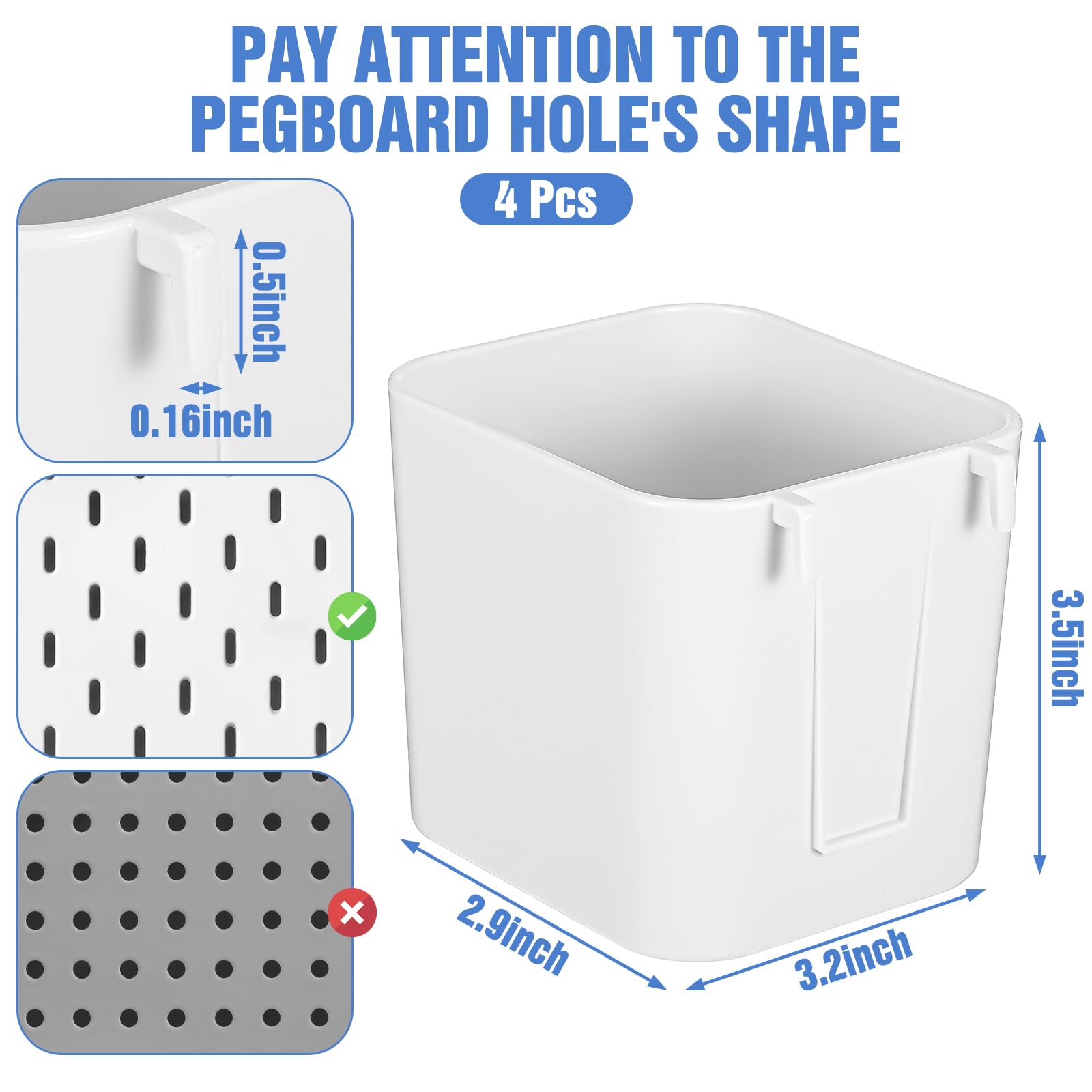 Tolare ABS Plastic Pegboard Cup with Hooks, 4 Pack, White, 2.9 x 3.5 x 3.2 Inch, Modern, Minimalist, Pegboard Organizer Accessories