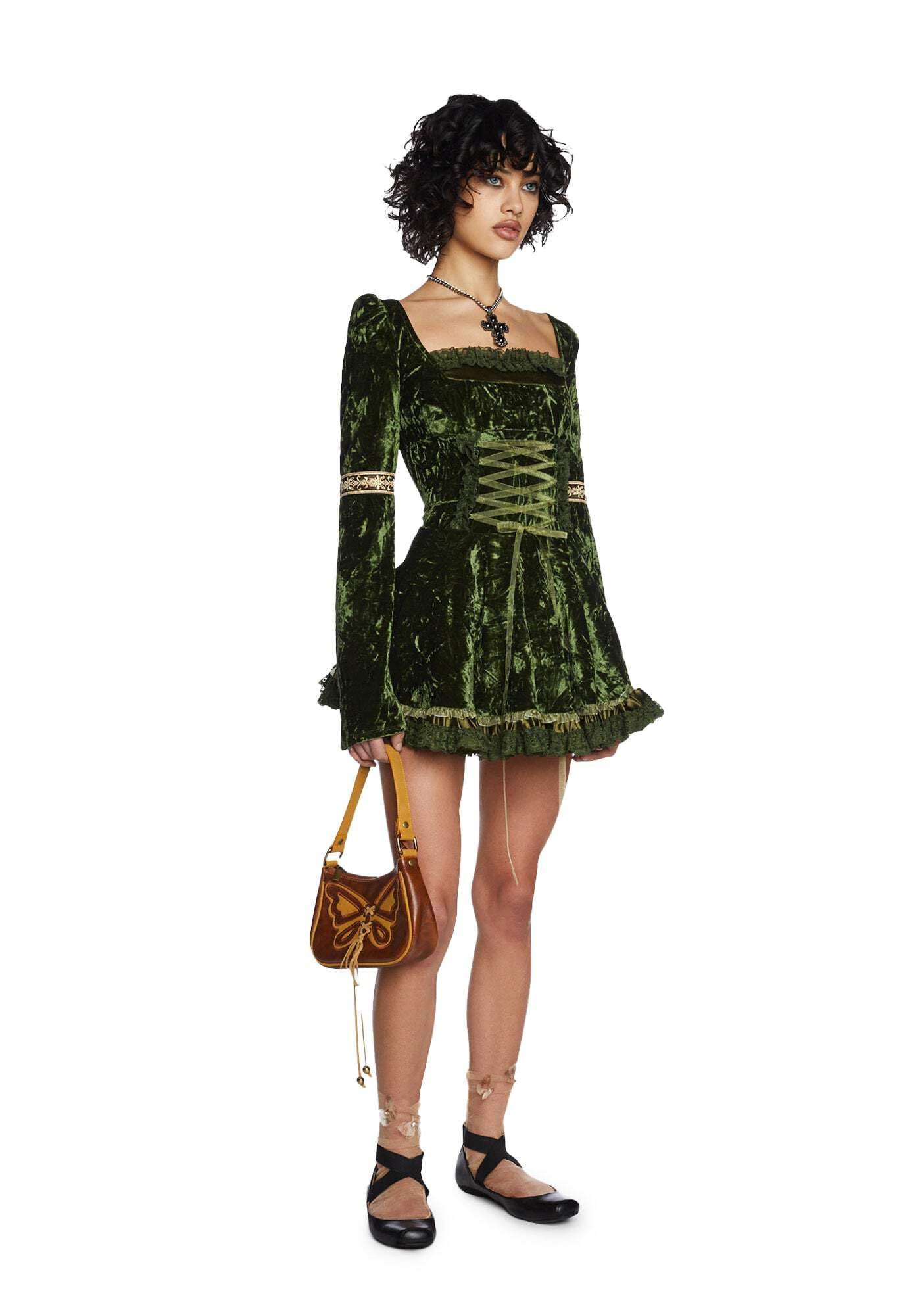 Dolls Kill Myths N' Legends Mini Dress by Current Mood – Green Velour Dress with Lace-Up Front & Puff Sleeves: X-Small Green