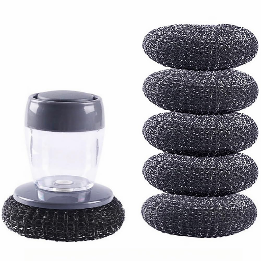 Soap Dispense Palm Scrub dishwashing Kitchen Scrubber Press Automatic Liquid wash Pot (Steel Wire)-image-49
