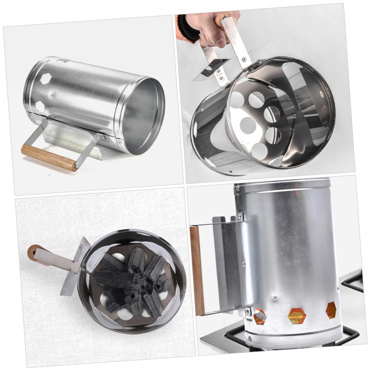 ibasenice Encendedor de Carbón para Chimenea de Metal Plata Reutilizable | Cubo de Encendido para Parrilla Portátil, Uso en Jardín y Viaje, Ignición Rápida con Asa de Madera