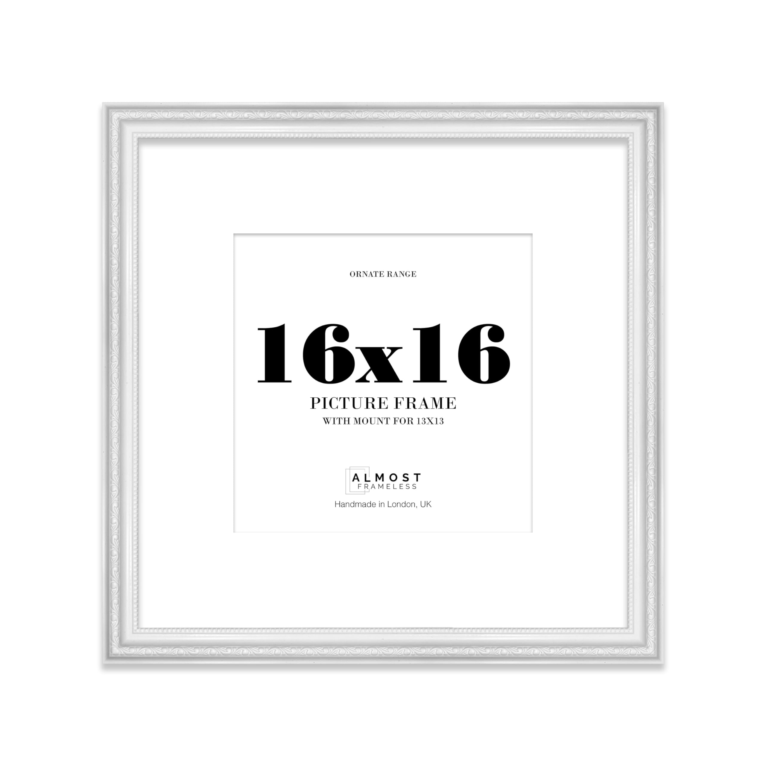 16x16 White Ornate Photo Frame With White Mat For 13x13 Picture, Ready to Hang, 1 Pack