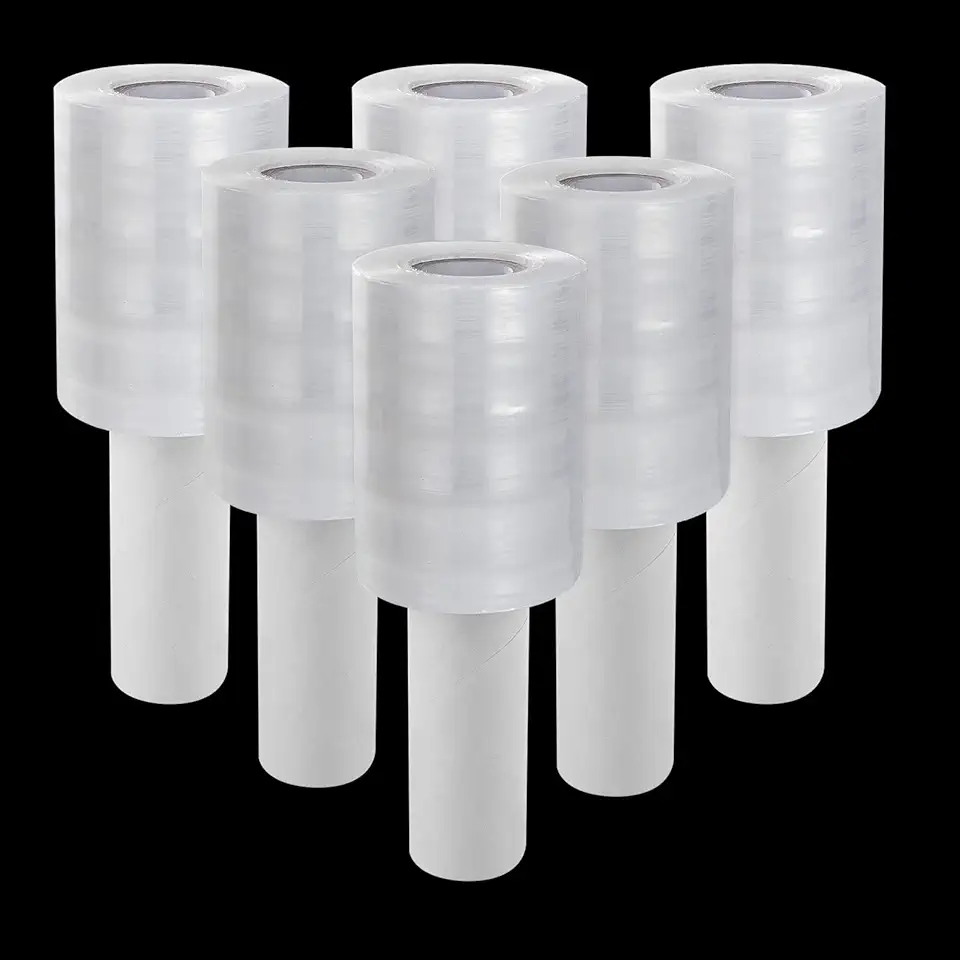 6 Pack Stretch Wrap Film with Handle, 80 Gauge Thick Industrial Strength Hand Stretch Wrap, 4" x 1000 Ft Plastic Pallet Shrink Film Heavy Duty Self-Adhering Plastic Wrap for Packing, Moving