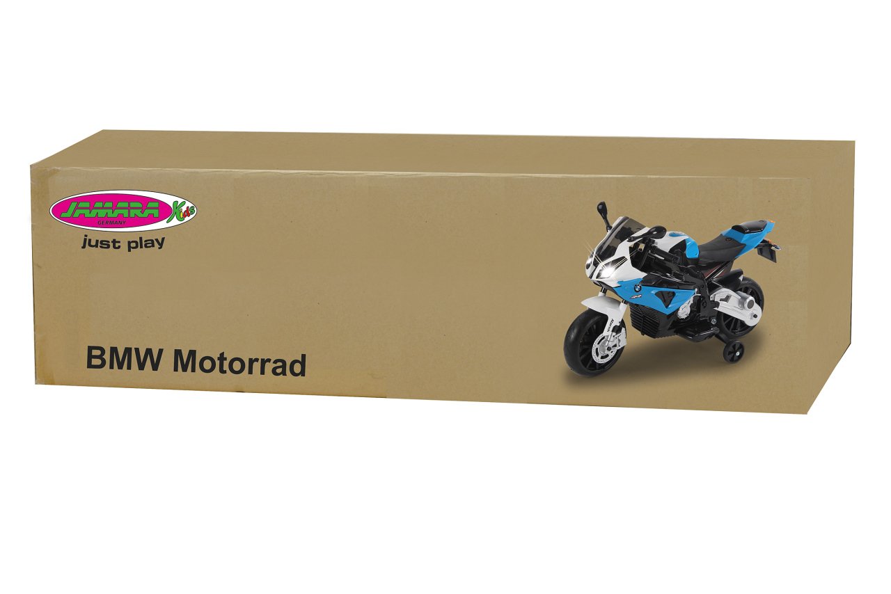 Jamara 460281 Ride-on motocykl BMW S1000RR niebieski 12 V-2-biegowy, wydajny silnik napędowy i czas jazdy akumulatora do 90 min, klakson, odgłosy silnika, reflektor LED, koła podporowe zdejmowane, stojak boczny
