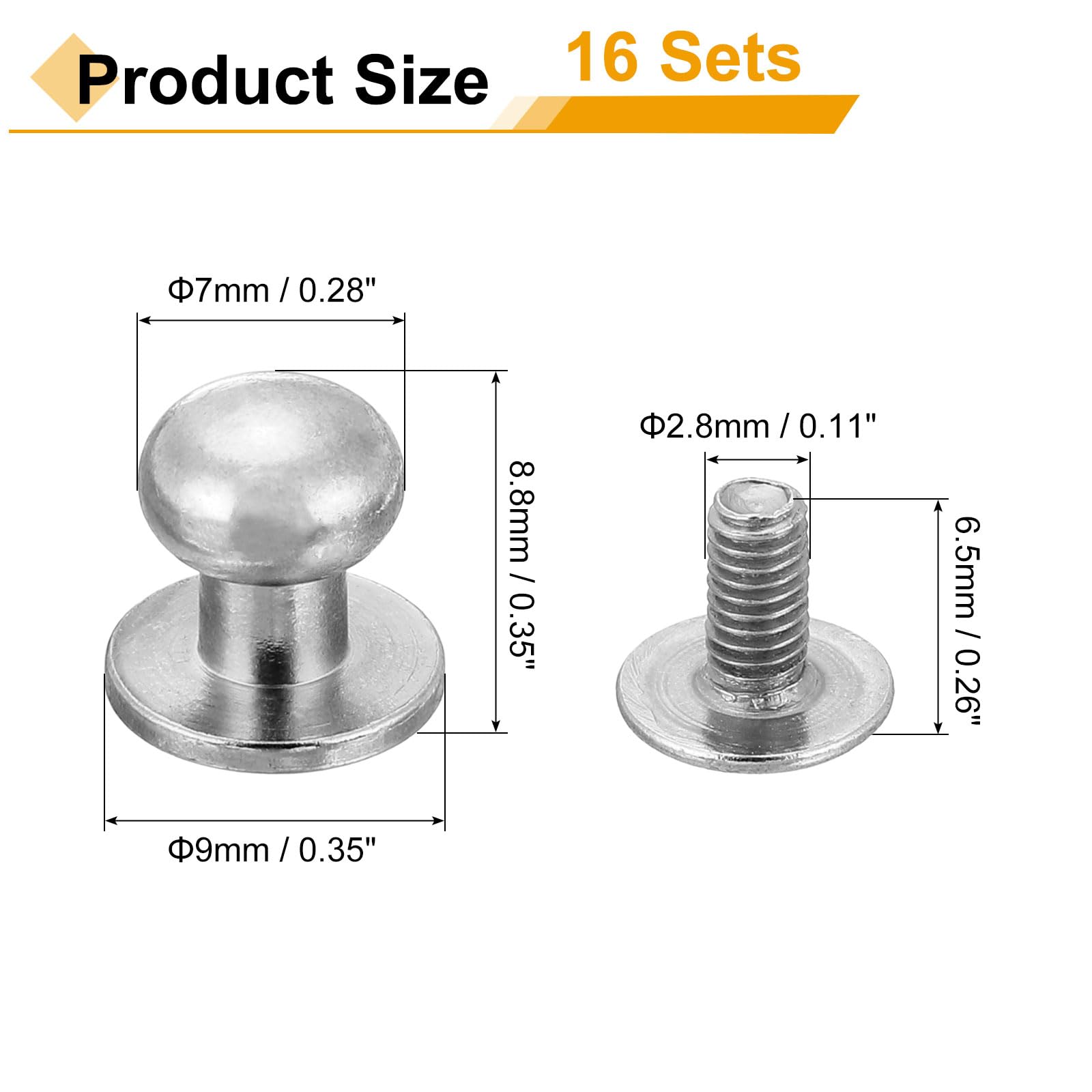 uxcell 16Pcs Ball Head Stud Screw Back 7mm Round Head Button Nipple Leather Rivets for DIY Leather Craft Handbag Shoes Belt Repair, Silver