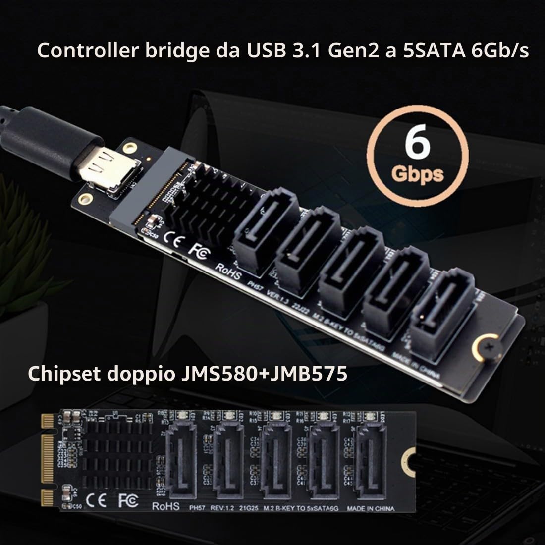 chenyang USB 3.1 Gen 2 a 5 SATA 3.0 Port Multiplier Extension Card Adapter per scheda madre SATA Hard Drive Port Extension con chipset JMB575 JMS580